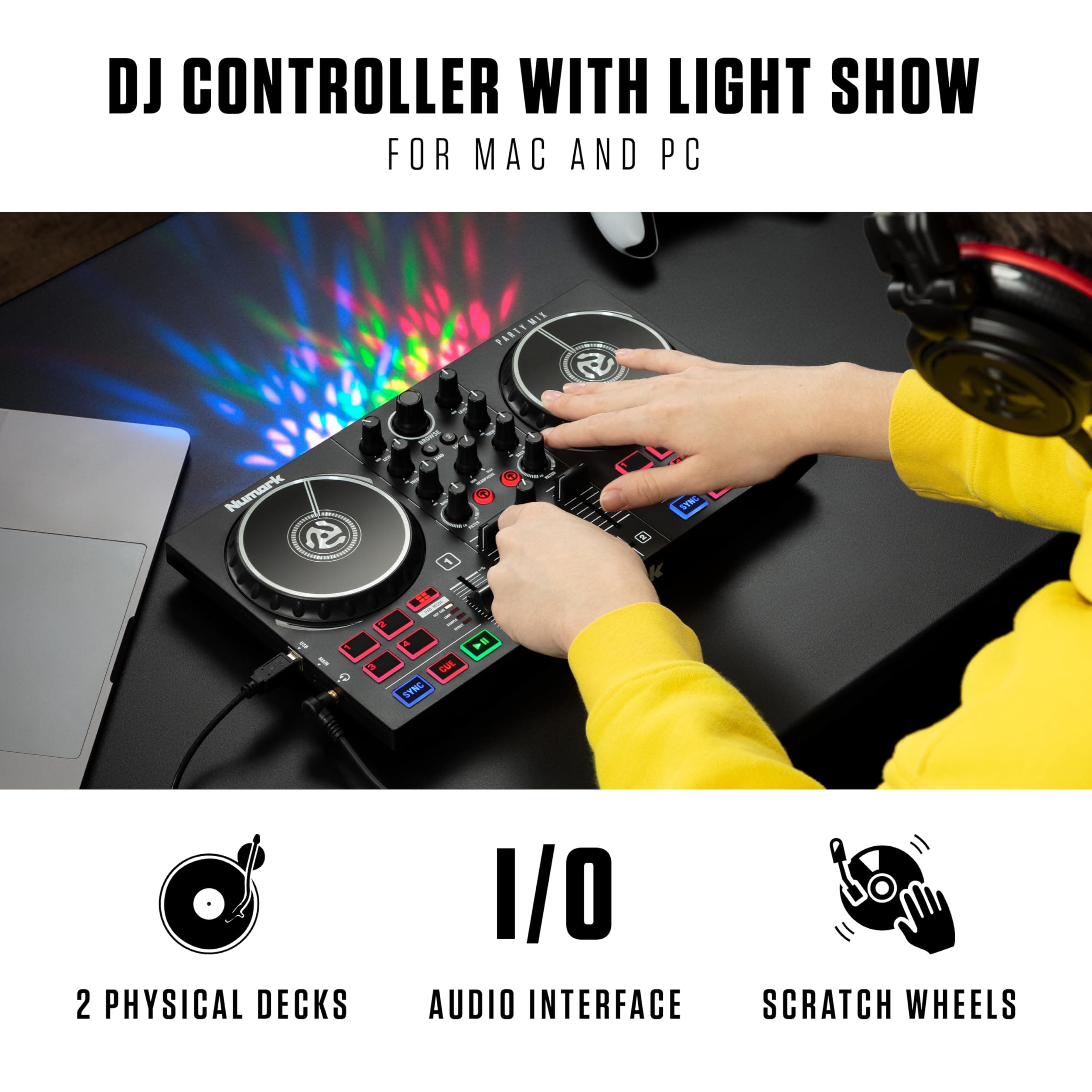 Numark Party Mix II DJ Controller with Headphones - 2 Decks, Numark HF175 DJ Headphones with Closed Back Over Ear Design