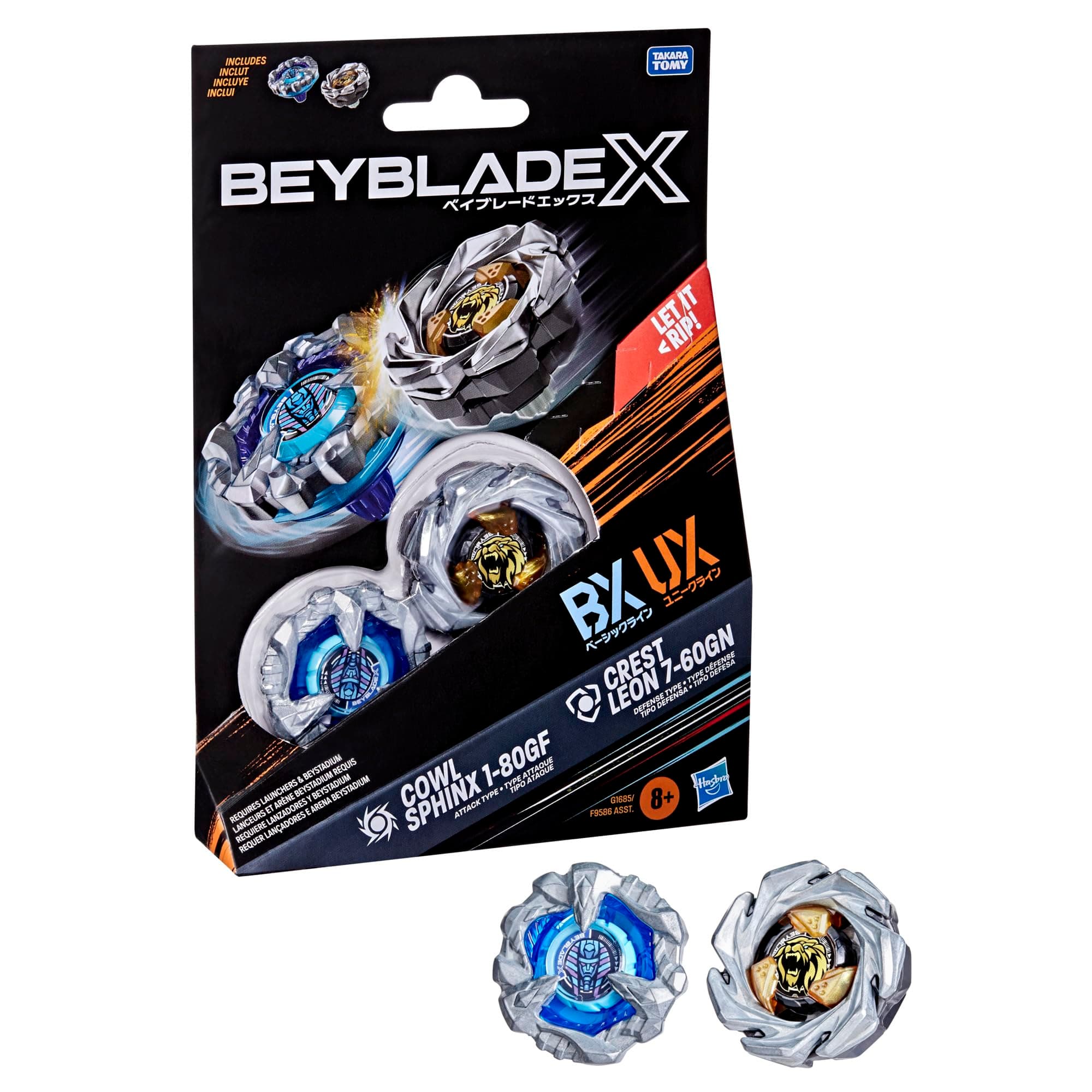 X Cowl Sphinx 1-80GF BX & Crest Leon 7-60GN UX Dual Pack Set with 2 Right-Spinning Tops; Authentic Takara Tomy Battle Tops; Games/Toys for Boys & Girls 8+