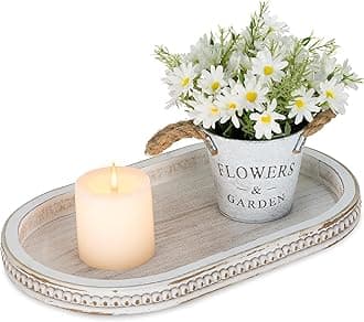 Hanobe Decorative Trays for Coffee Table : White Oval Centerpiece Tray Wood for Farmhouse Entry Table Decor Round Bathroom Tray for Living Room Kitchen Counter