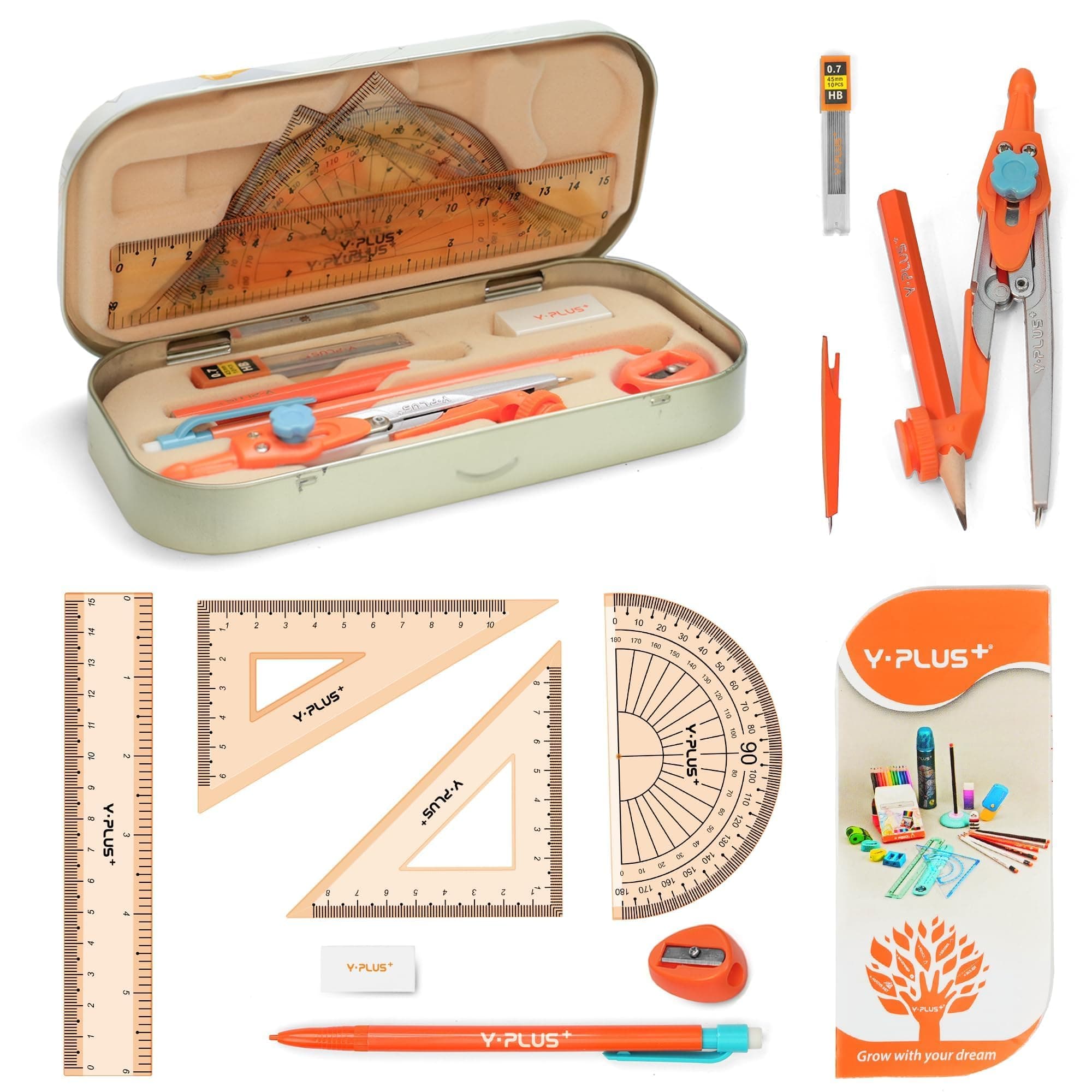 YPLUS Geometry Set for Students, Math Protractor Compass with Rulers, Box of Protactor Kit for Class Supplies and School, 12 Pcs