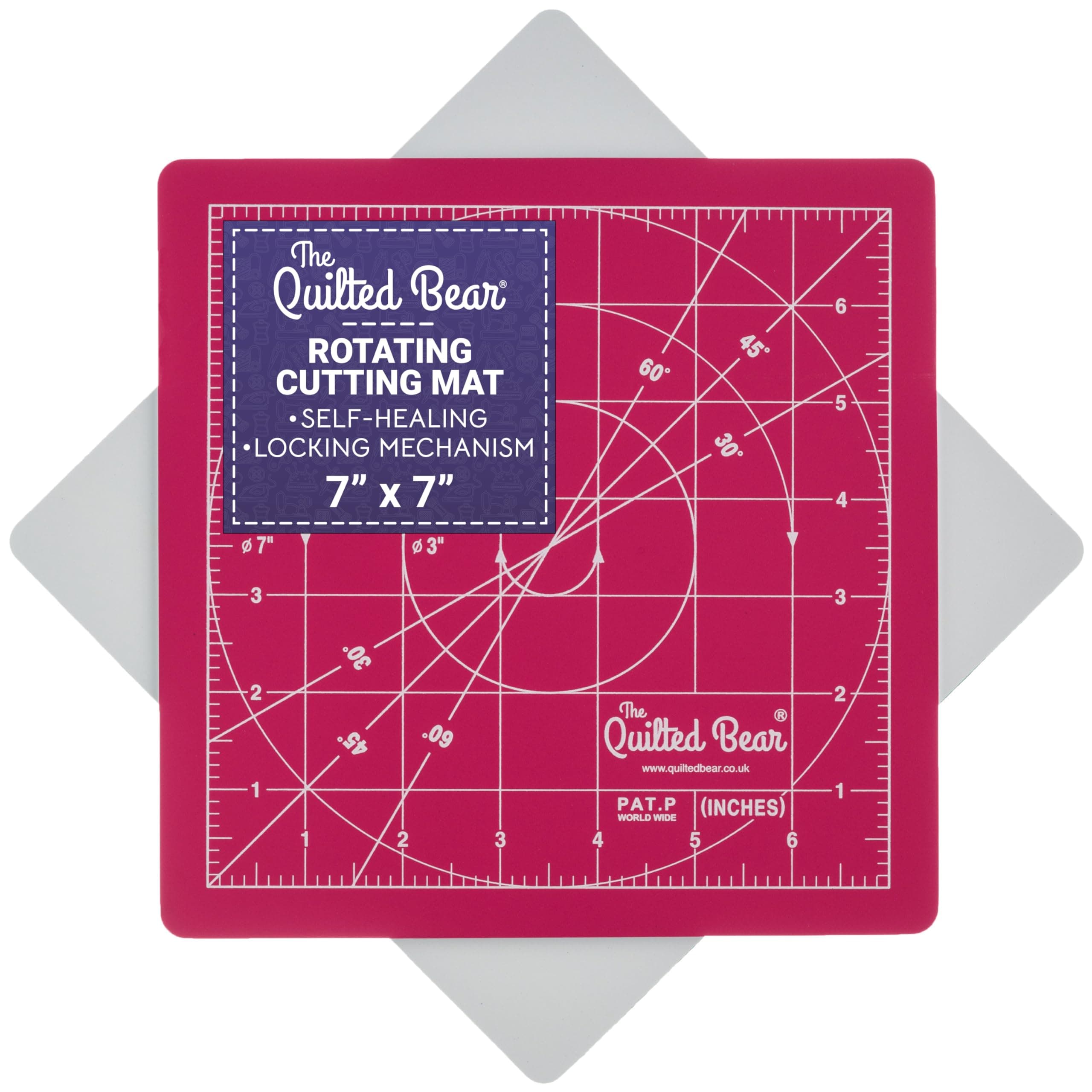 The Quilted Bear Rotating Cutting Mat - 7" x 7" Square Self Healing 360° Rotating Cutting Mat with Innovative Locking Mechanism for Quilting & Sewing Your Choice of Size & Colour Available! (Pink)