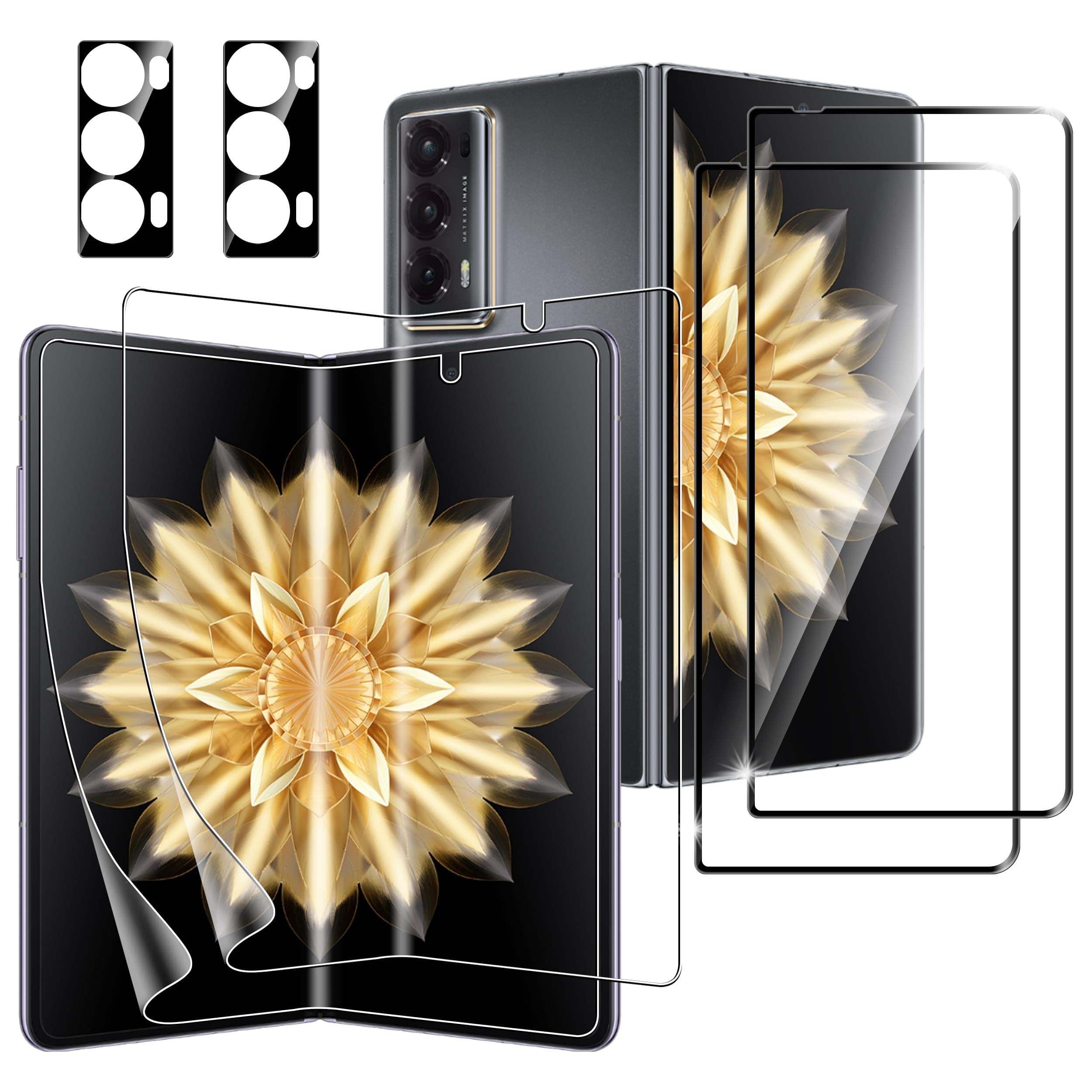 EffcotuoScreen Protector for Honor Magic V2, Pack of 2 9H Hardness Tempered Glass Screen Protector + 2 Soft TPU Inner Protective Film + 2 Pieces Camera Protection