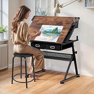 Drafting Table Drawing Desk w/Power Outlet, Art&Craft Work Station Height Adjustable Tilting Tabletop Craft Table Desk w/Stool and 2 Storage Drawers for Home Office, Rustic Brown