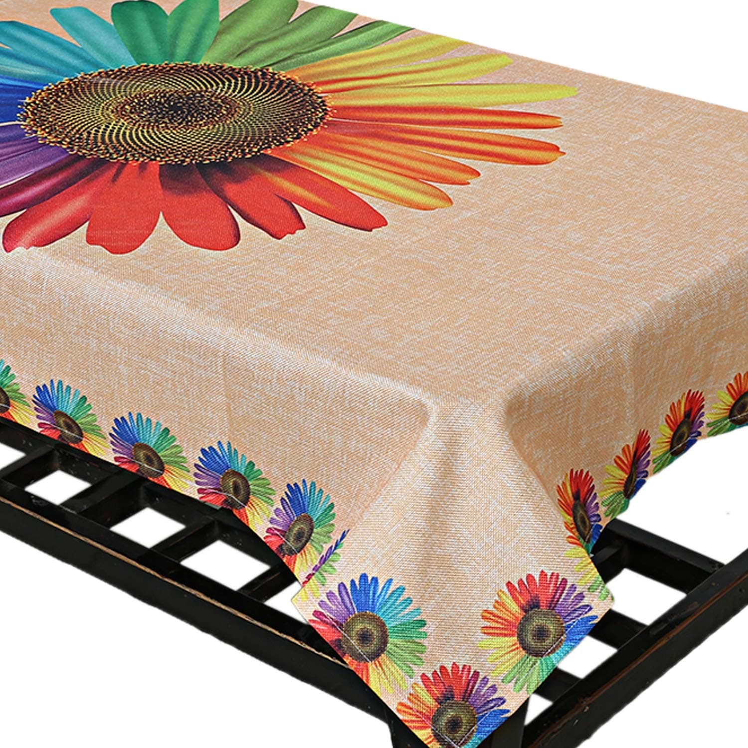 Kuber Industries Sun Flower Design Jute Rectangular 4 Seater Center Table Cover (CTKTC02067, Gold)