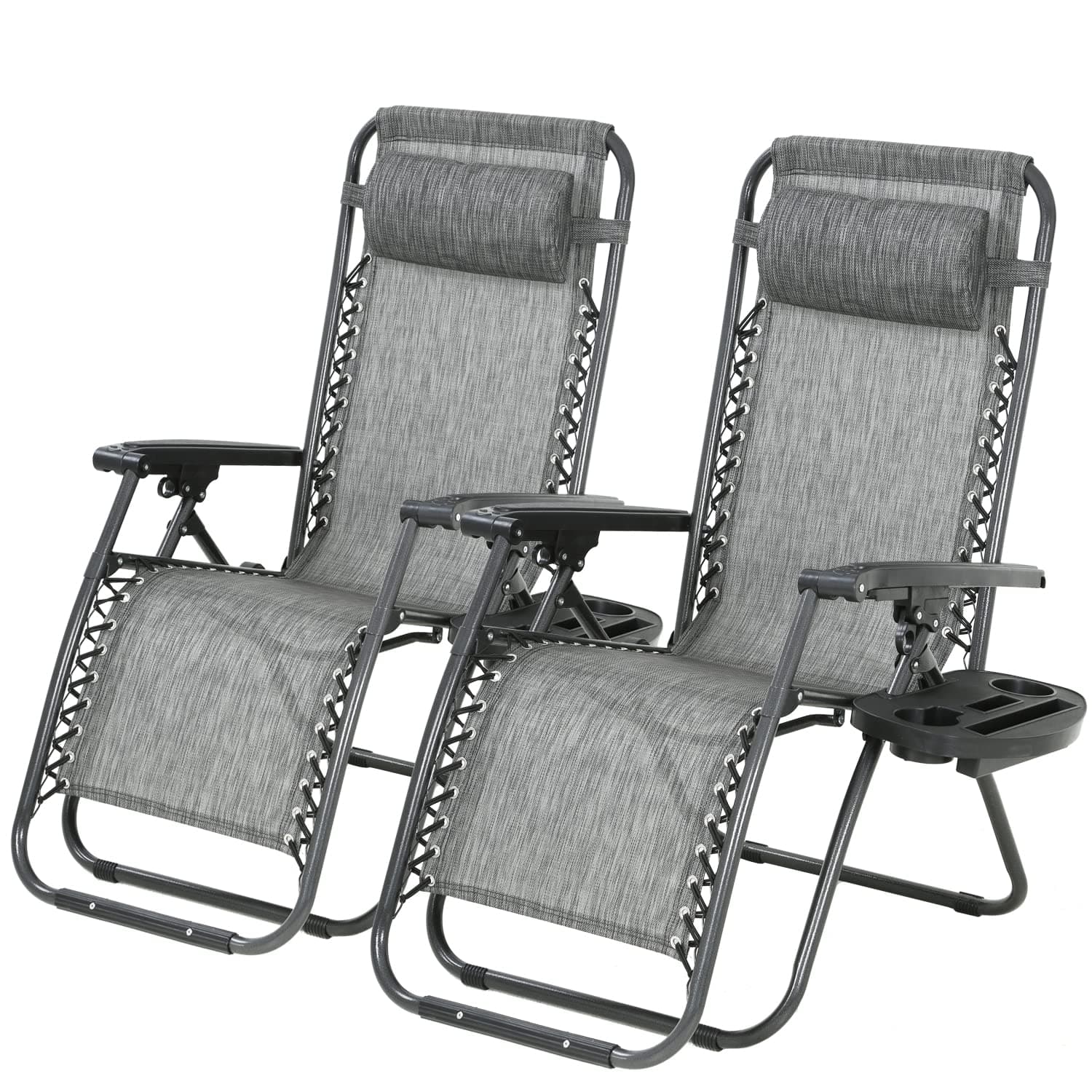 PayLessHere Set of 2 Folding Lounge Chair Adjustable Zero Gravity Chair Beach Chair Textilene Lawn Patio Chair with Removable Pillow and Cup Holder for Poolside Backyard Lawn Beach,Grey