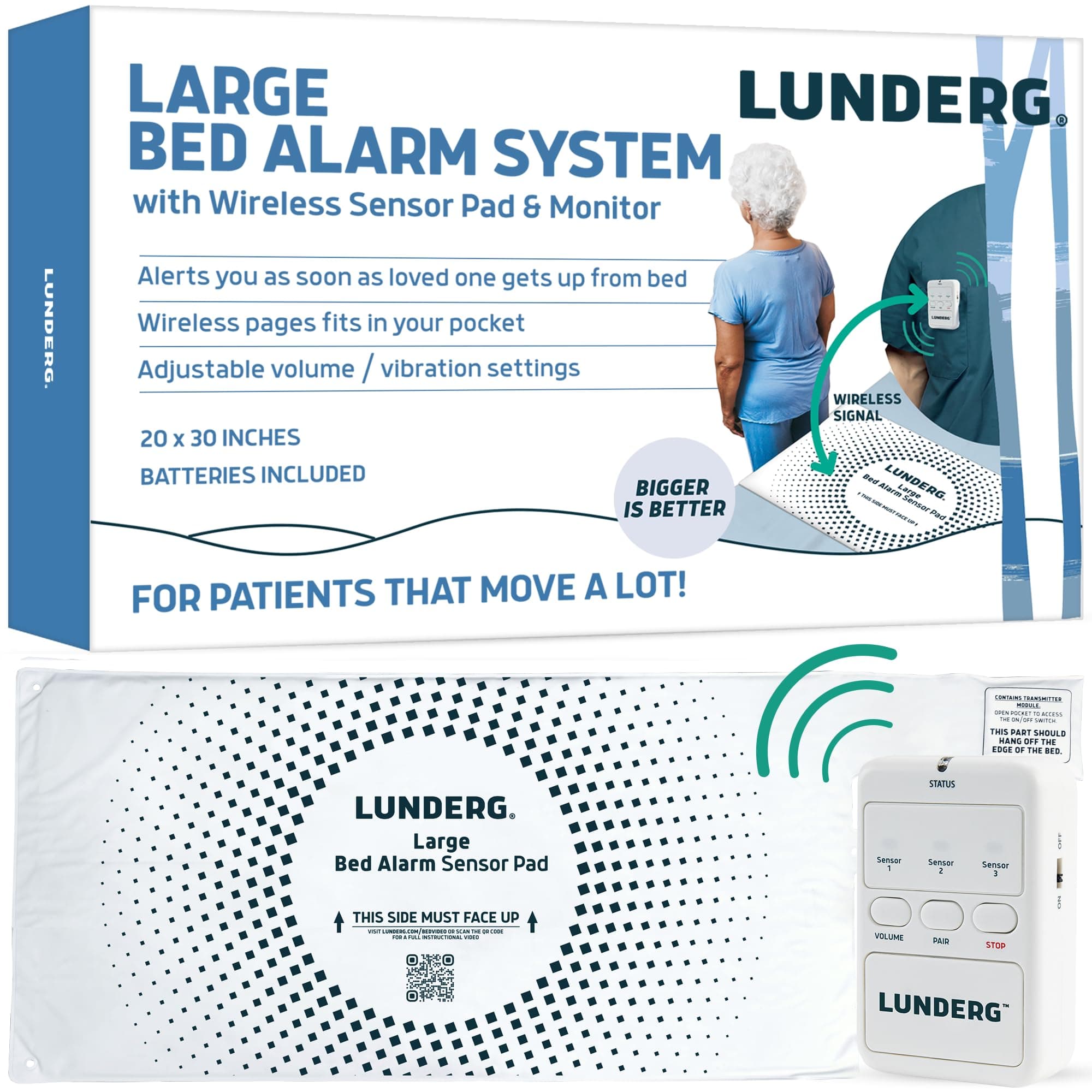 Lunderg Large Bed Alarm for Elderly Adults - Wireless Sensor Pad (20” x 30”) & Pager - Safety Bed Alarms and Fall Prevention for Elderly and Dementia Patients - for Patients that Move a lot