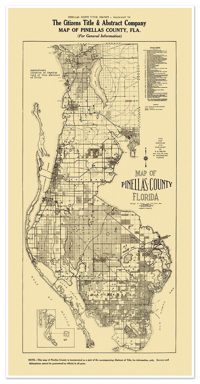 Pinellas County Florida Map circa 1925 - measures 24 inches x 48 inches (610 mm x 1219 mm)