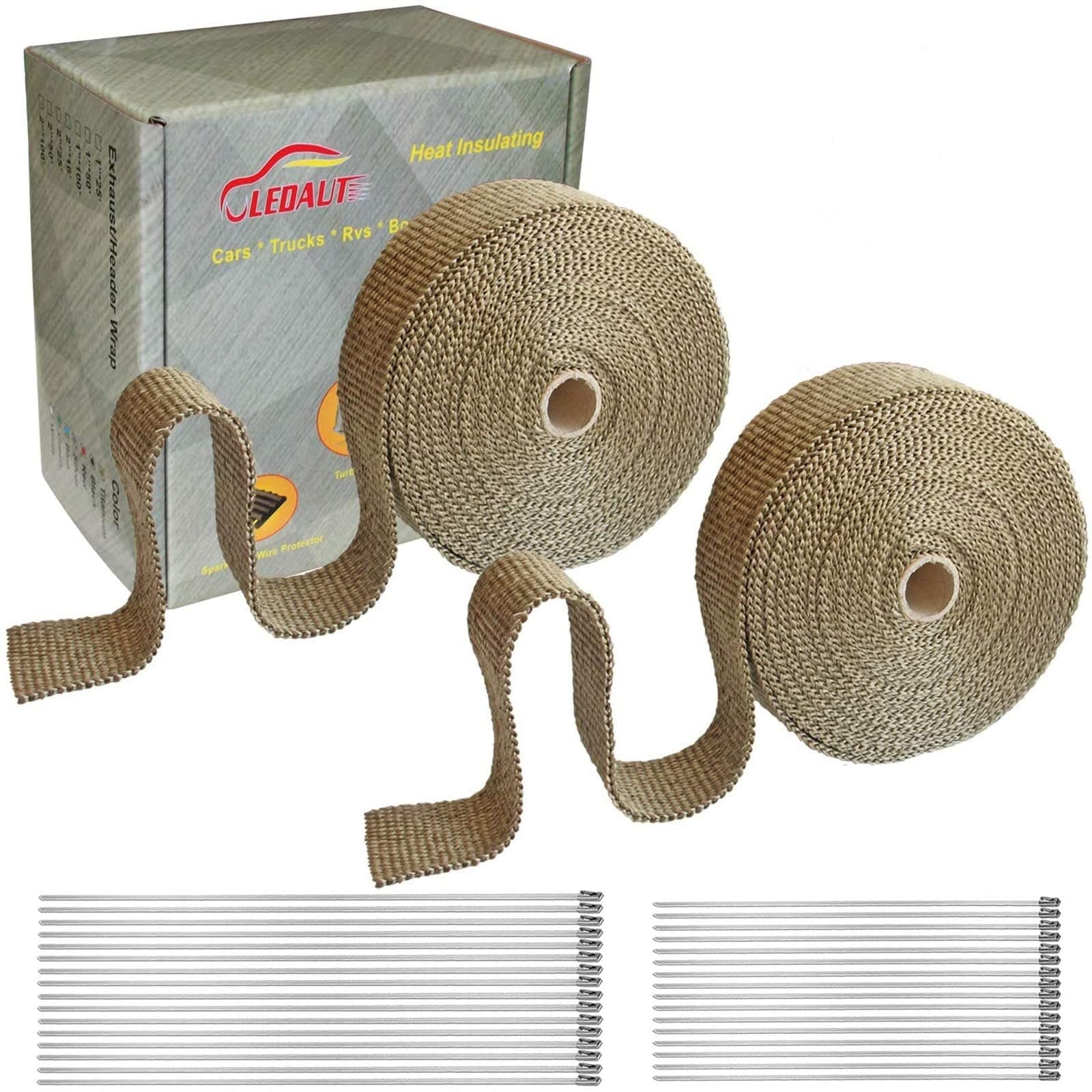 - 2 Roll 2" x 50' Titanium Exhaust Heat Wrap Roll for Motorcycle Fiberglass Heat Shield Tape with Stainless Ties