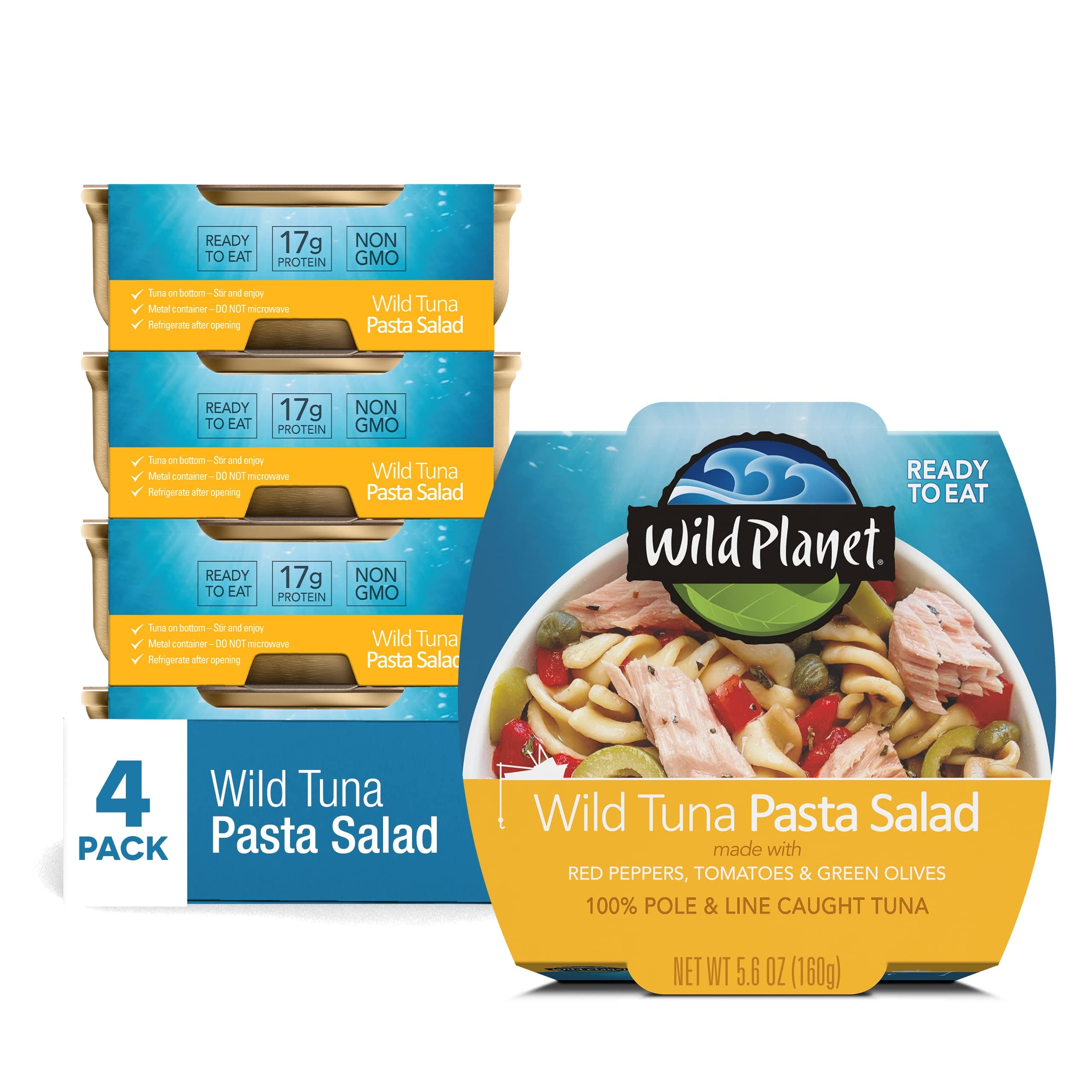 Ready-To-Eat Wild Tuna Pasta Salad With Organic Red Peppers, Tomatoes & Green Olives, Tuna Salad, 5.6oz, Pack Of 4