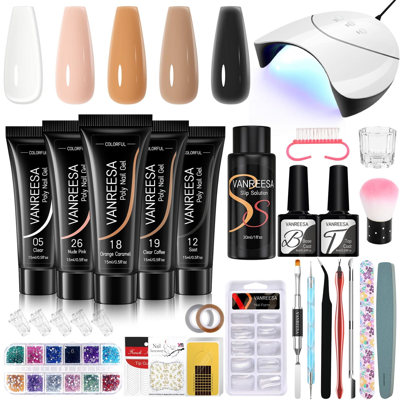 VANREESAPoly Nail Gel Kit Starter Kit 5 Colors Poly Nail Gel Kit with U V Light Nude Clear Brown Black Poly Nail Gel with Slip Solution Poly Extension Gel Nail Kit Gifts for Women
