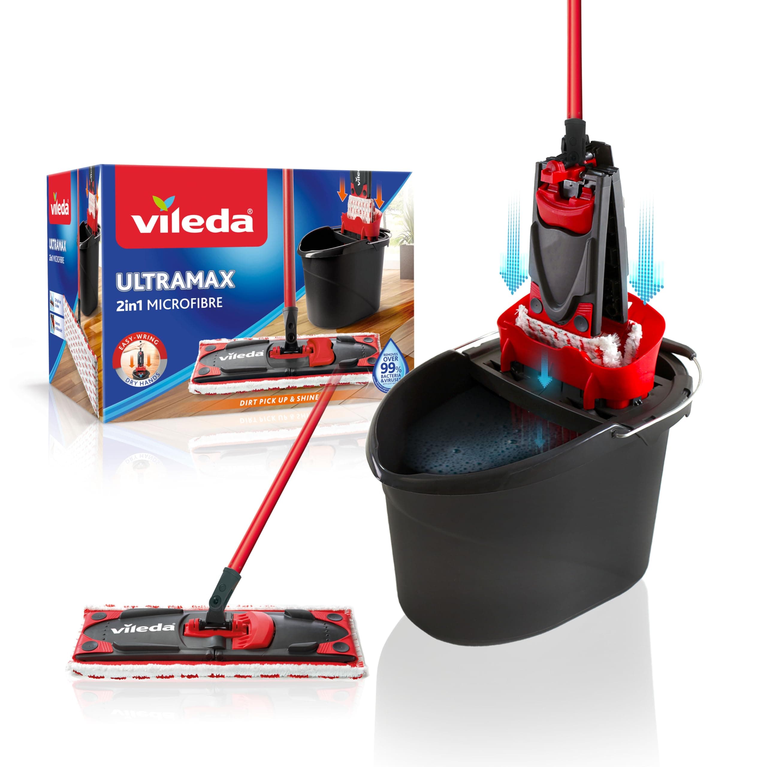 Vileda UltraMax Flat Mop and Bucket Set, Red, 2 Count (Pack of 1), 155737