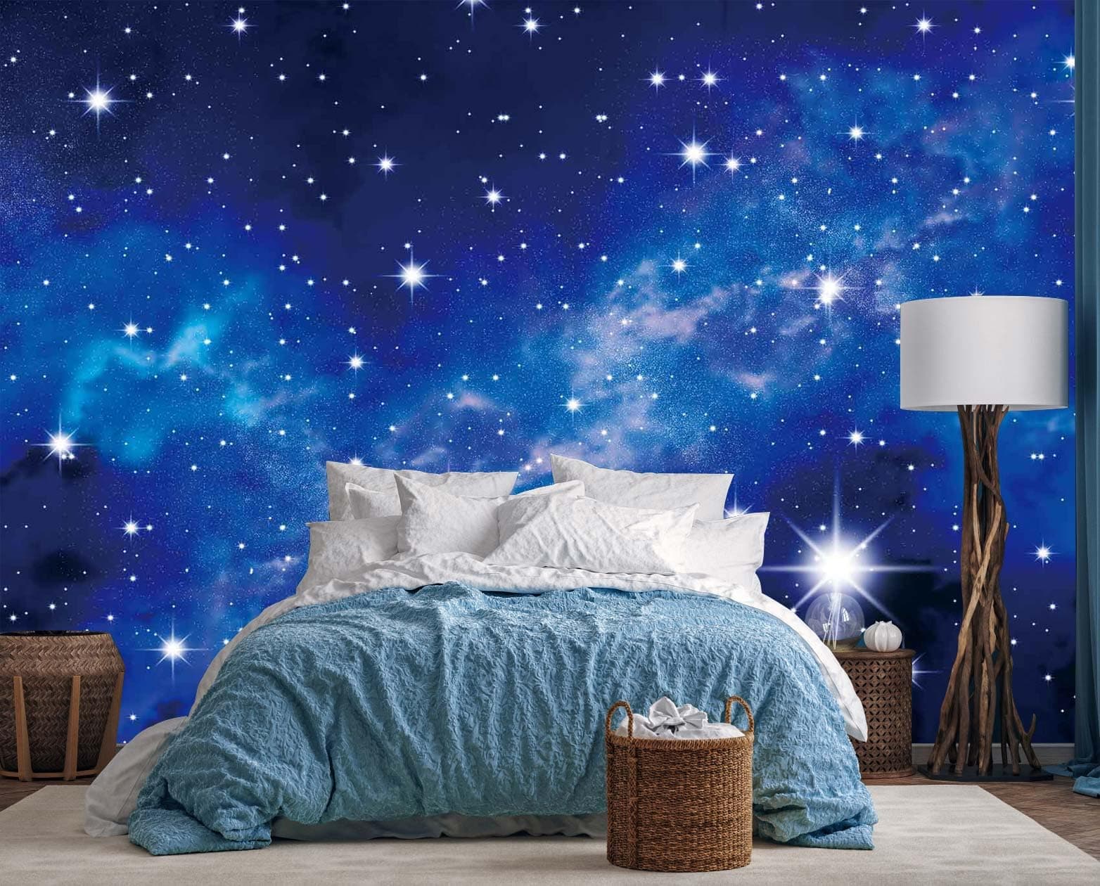 Galaxy Universe Ceiling Wallpaper Blue Starry Sky and Nebula Wall Mural Living Room Bedroom（Not Self-Adhesive）