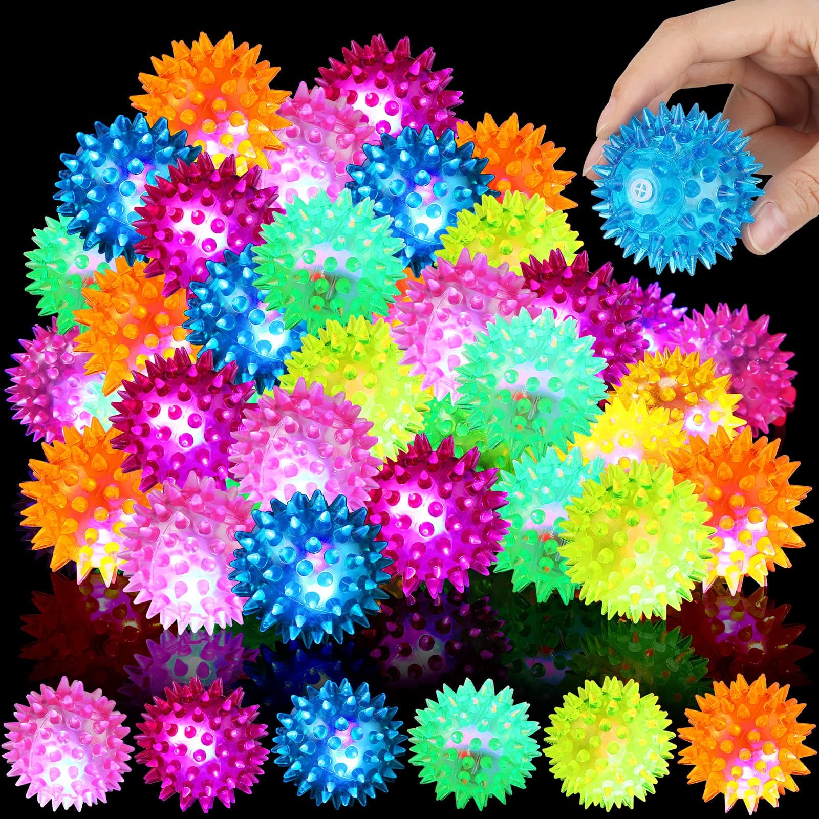Charniol 60 Pack Light up Spike Rubber Ball LED Spiky Ball Strobe Flashing Sensory Toy Bouncy Flash Stress Toy for Adults, Teens, 2.17 Inch