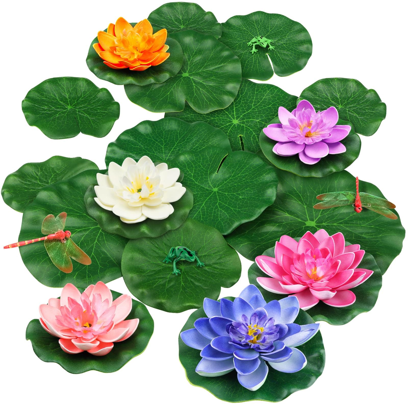 22 Pack Artificial Floating Foam Lotus Flowers with Artificial Frog Lotus Leaves, Lily Pads for Lake, Pond Plants Ornaments for Pool Water Decoration, Colorful