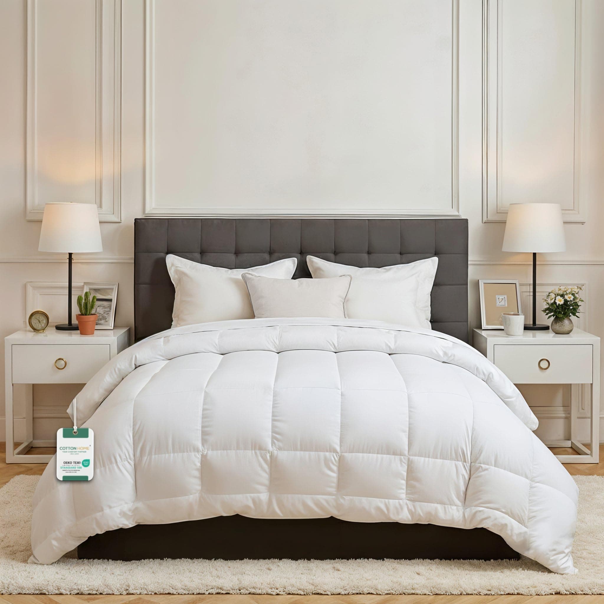 – Cotton Home Premium Hotel Bedding Comforter Duvet Insert White Microfiber All Seasonal Comfortable Durable Machine Wash Quilted Comforter/Duvet with Corner Tabs Box Stitched Quilting Duvet (160x220cm)