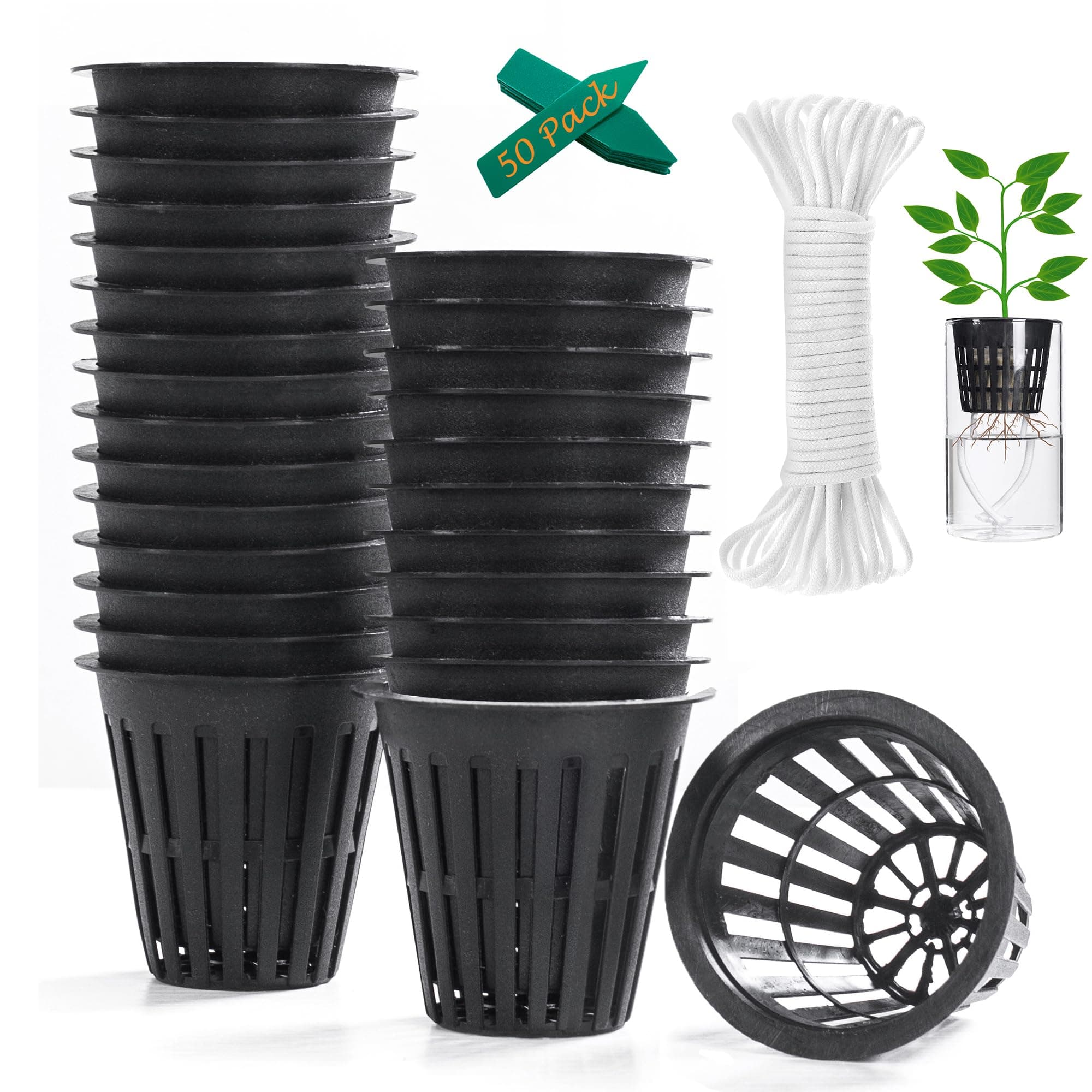 ORIMERC 50 Pack 2 inch (5cm) Net Cup Pots with 15m Self Watering Wick & 50 Plant Labels for Hydroponic Aquaponics Kratky Indoor Outdoor Growing Netted Baskets Slotted Mesh UV Resistant & BPA Free