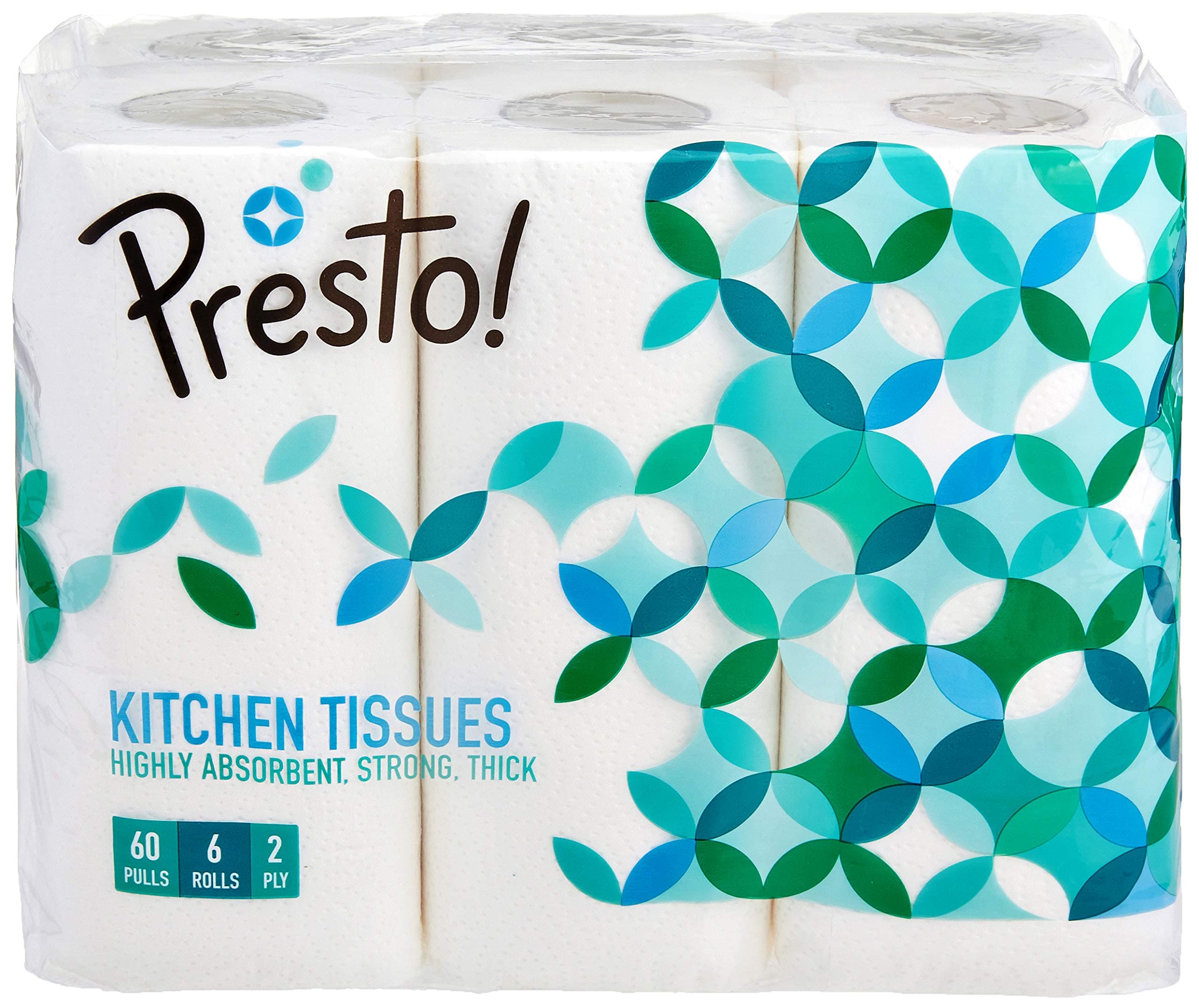 Amazon Brand - Presto! 2 Ply Kitchen Tissue Rolls | 360 Pulls | 60 Kitchen Towels X 6 Rolls | Soft And Highly Absorbent | 100% Natural Virgin Cellulose Fiber