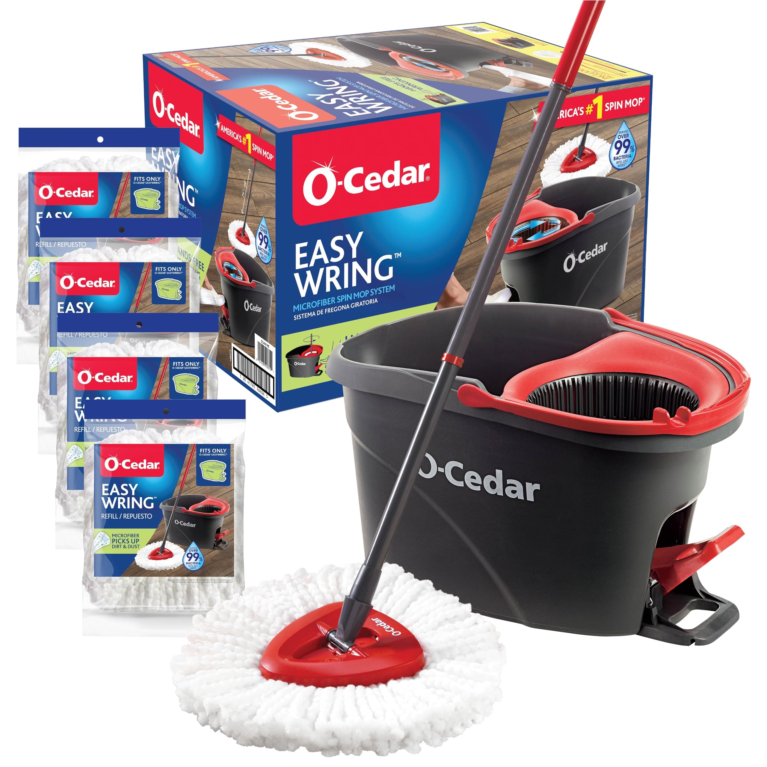 Easywring Microfiber Spin Mop & Bucket Floor Cleaning System with 4 Extra Refills,Red, Gray