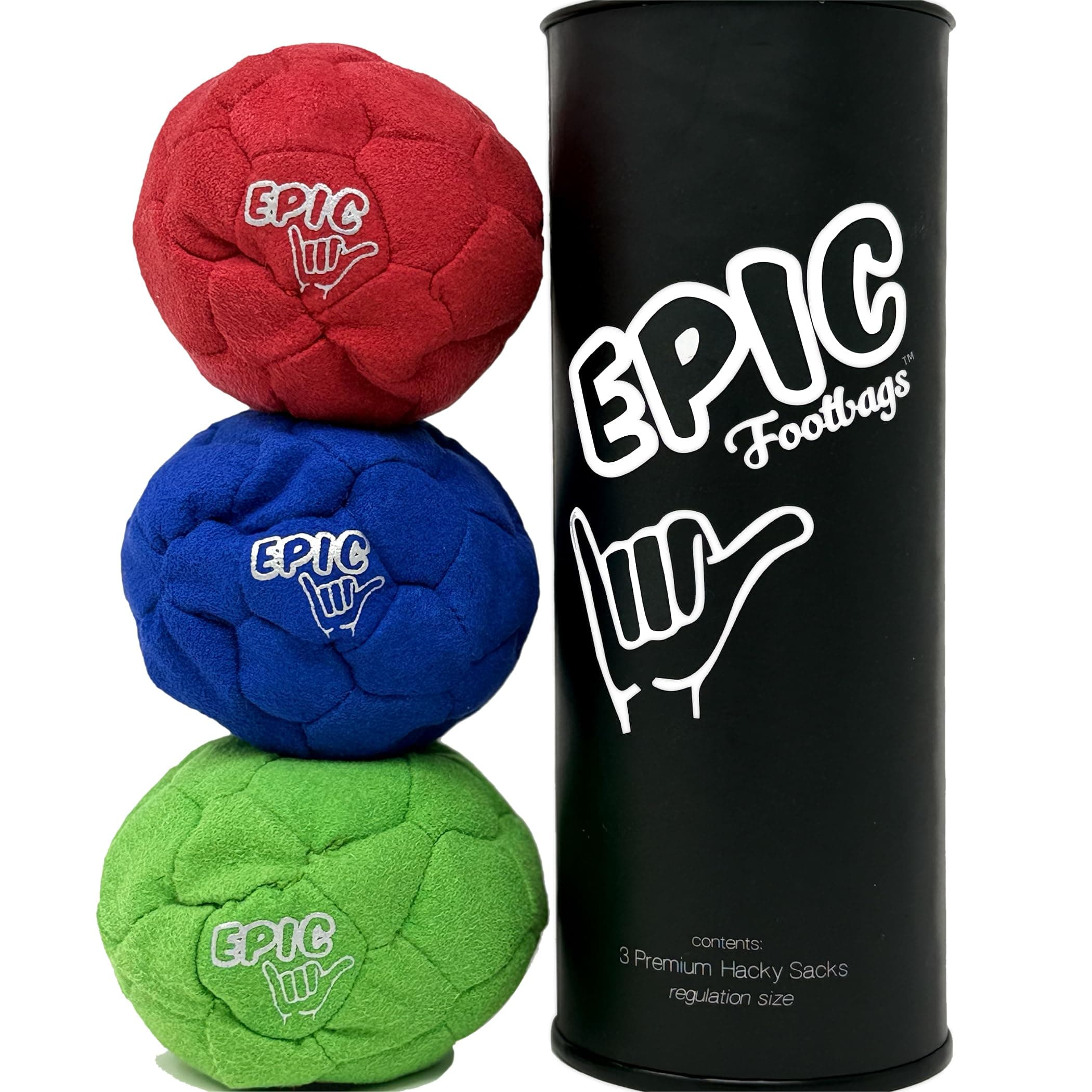 Epic Hacky Sack Balls, 3 Footbag Gift Set with Storage Tube
