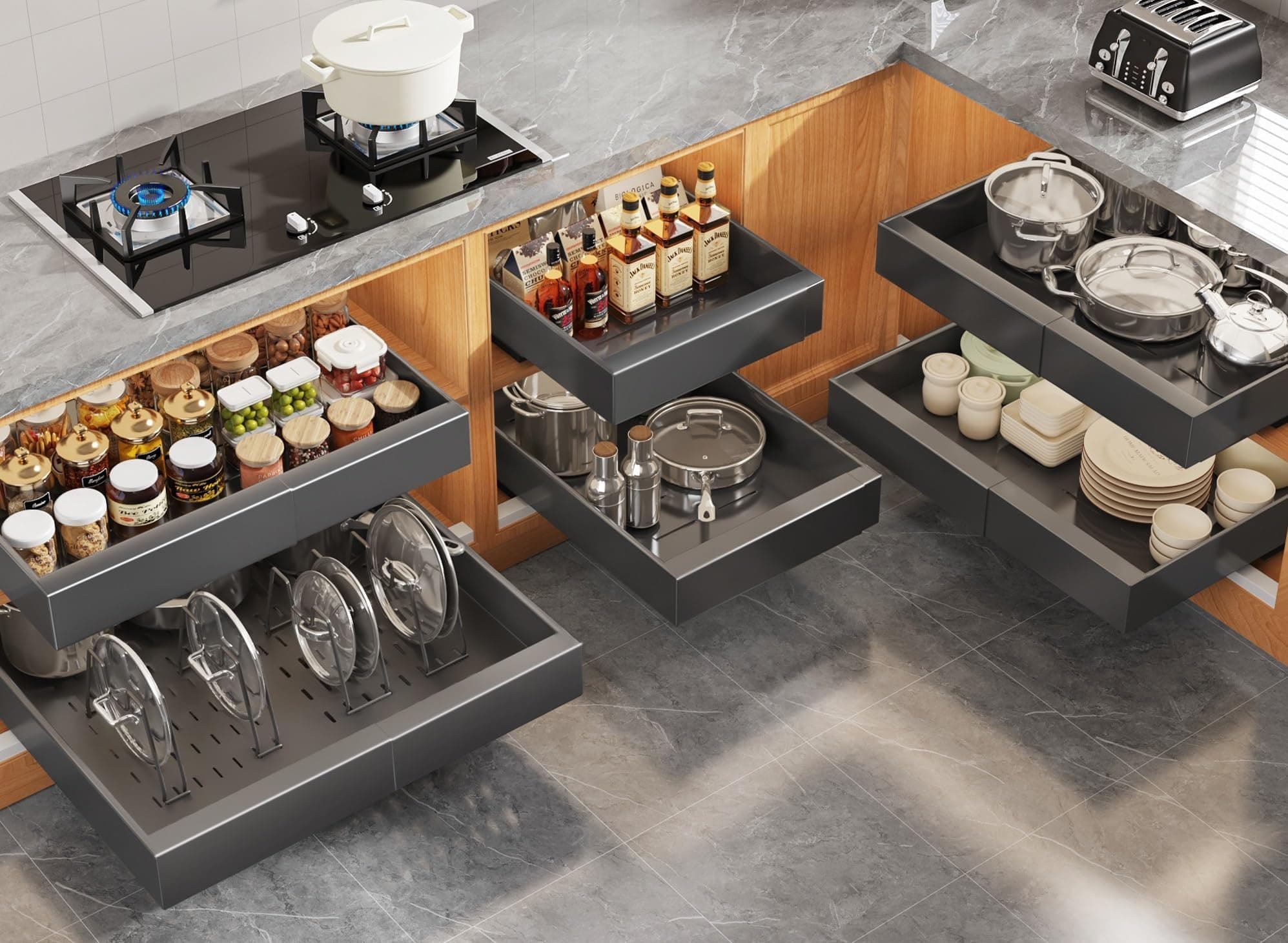 6Pack Expandable Pull Out Cabinet Organizer 21"Deep with Raising Pad for Framed Cabinets,Slide Out Drawers with 4pcs Divider Racks,Roll Out Shelves Adhesive,Adjustable Width 12.05"-20.4"Black