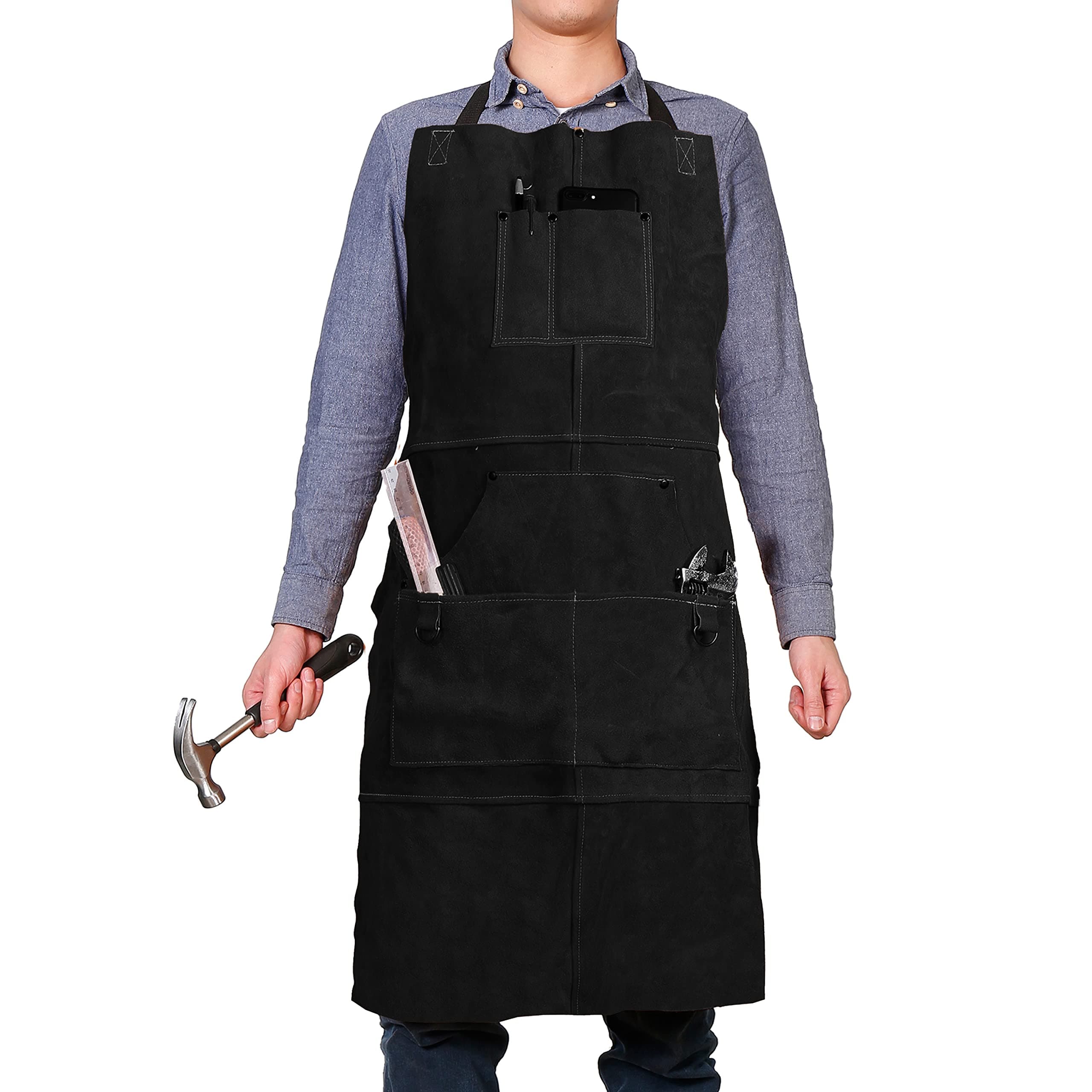 QeeLink Leather Welding Work Apron with 6 Tool Pockets, Heat & Flame Resistant Welder Aprons, 24" x 36", Adjustable M to XXXL
