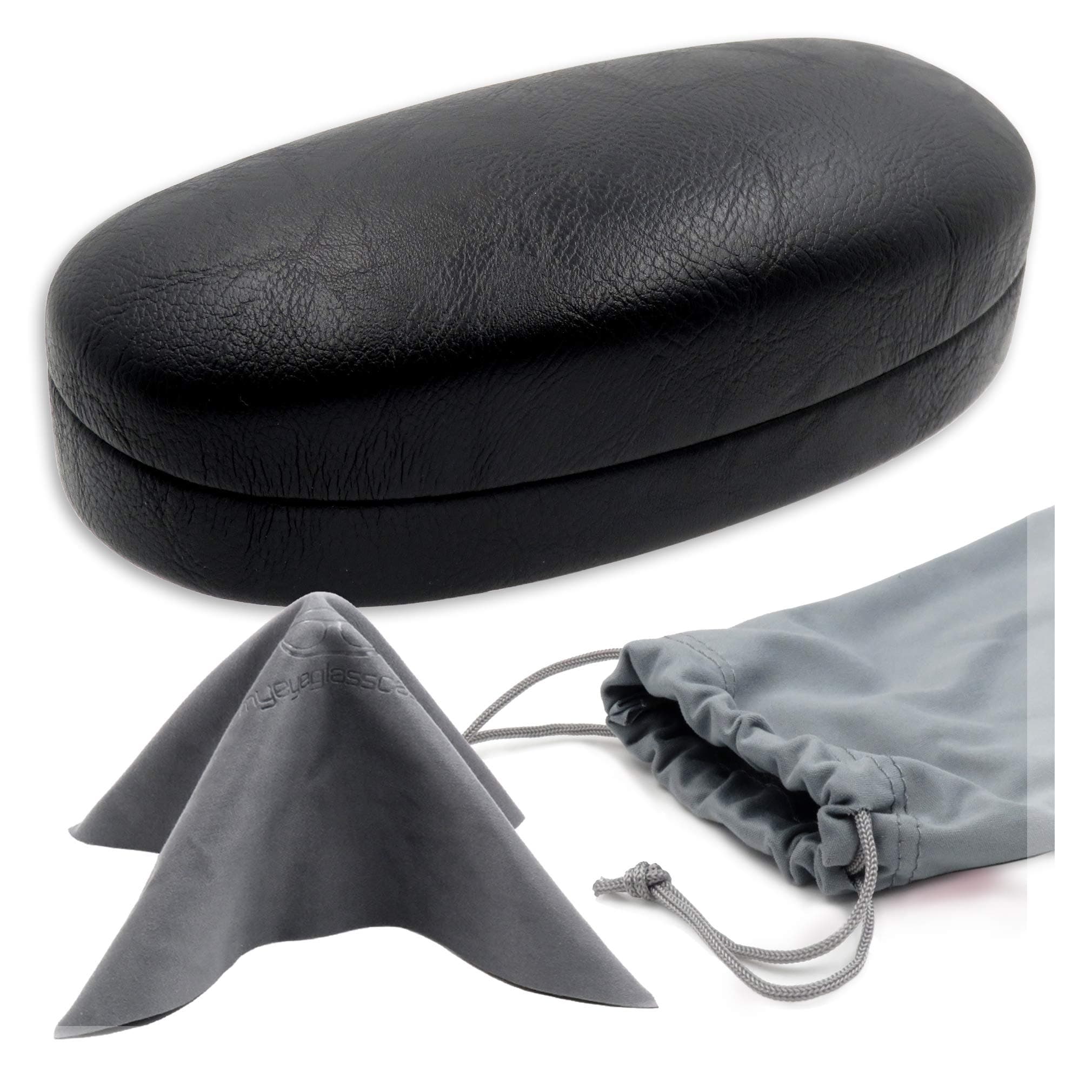 Hard Sunglasses Case with drawstring pouch & cloth | for Medium to Large frames | for Men & Women | Metal Clam-shell | (AS113 Black and Pouch)