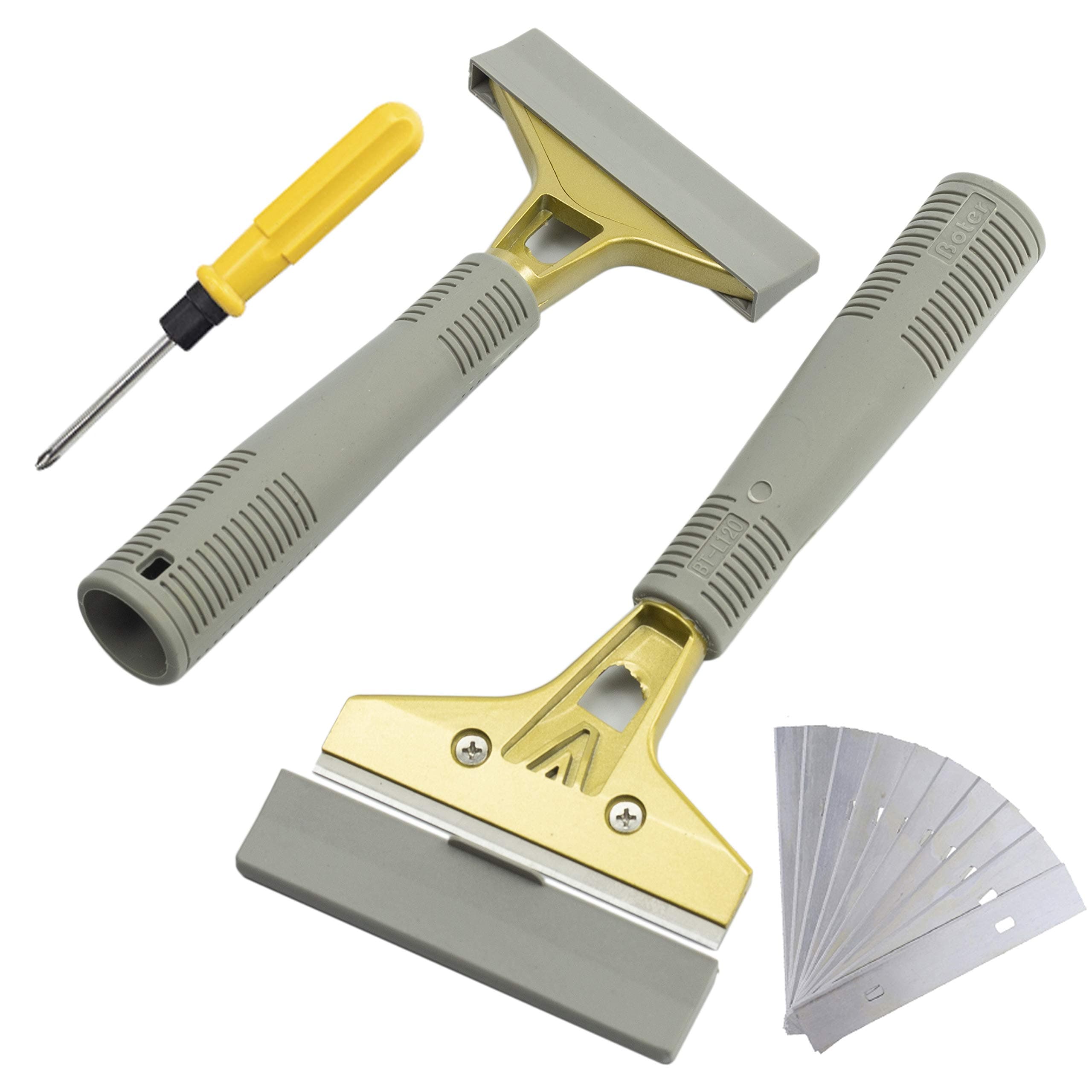 Razor Blade Scraper 2-Pack, Sticker Removers, Heavy Duty Extendable Scraping Tools Set with Screwdriver and 10 pcs Extra Stainless Steel Razor Blades for Window Glass Granite Wall Clean