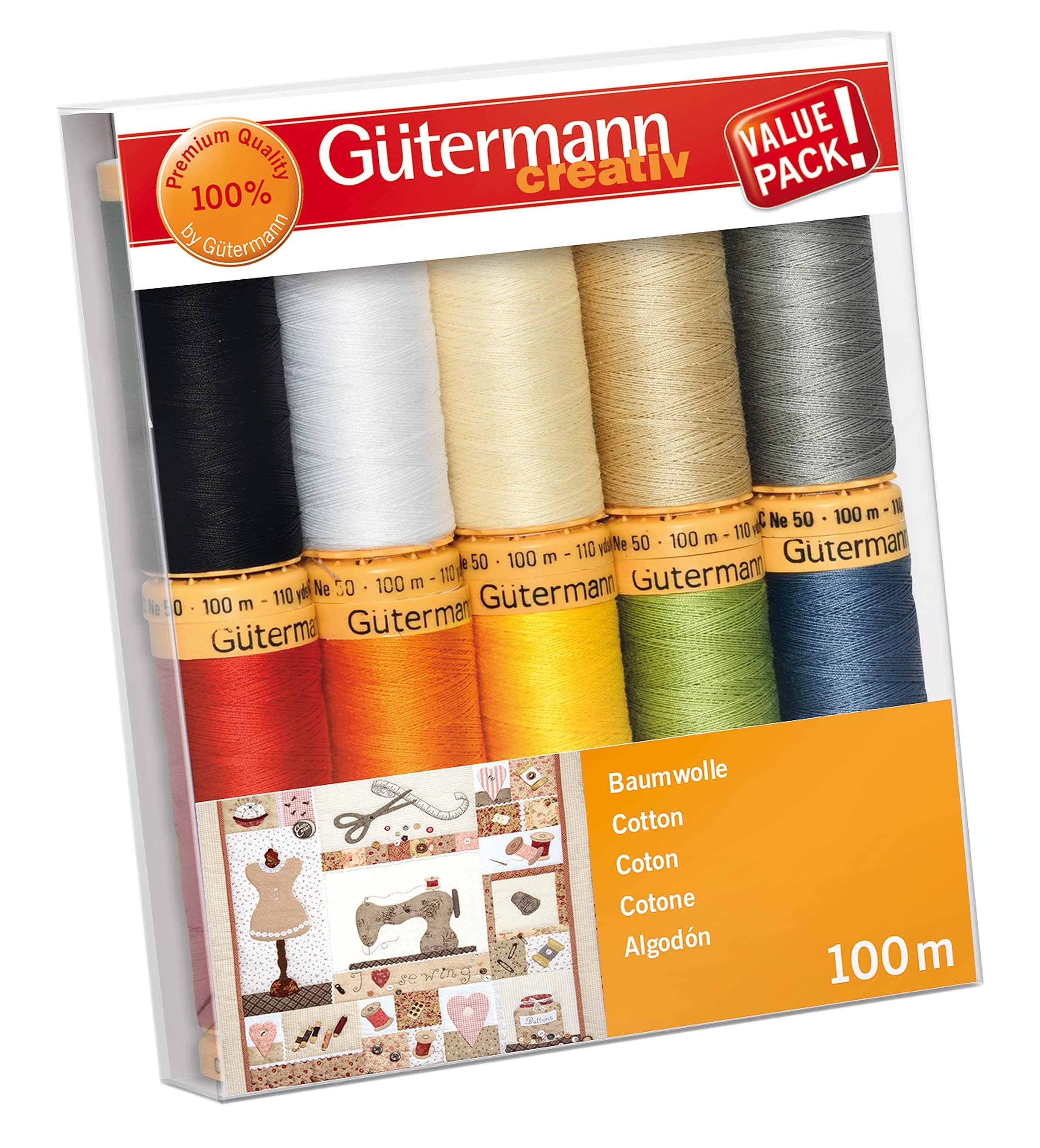 creativ Sewing Thread Set with 10 spools Natural Cotton 100 m in Different Colours