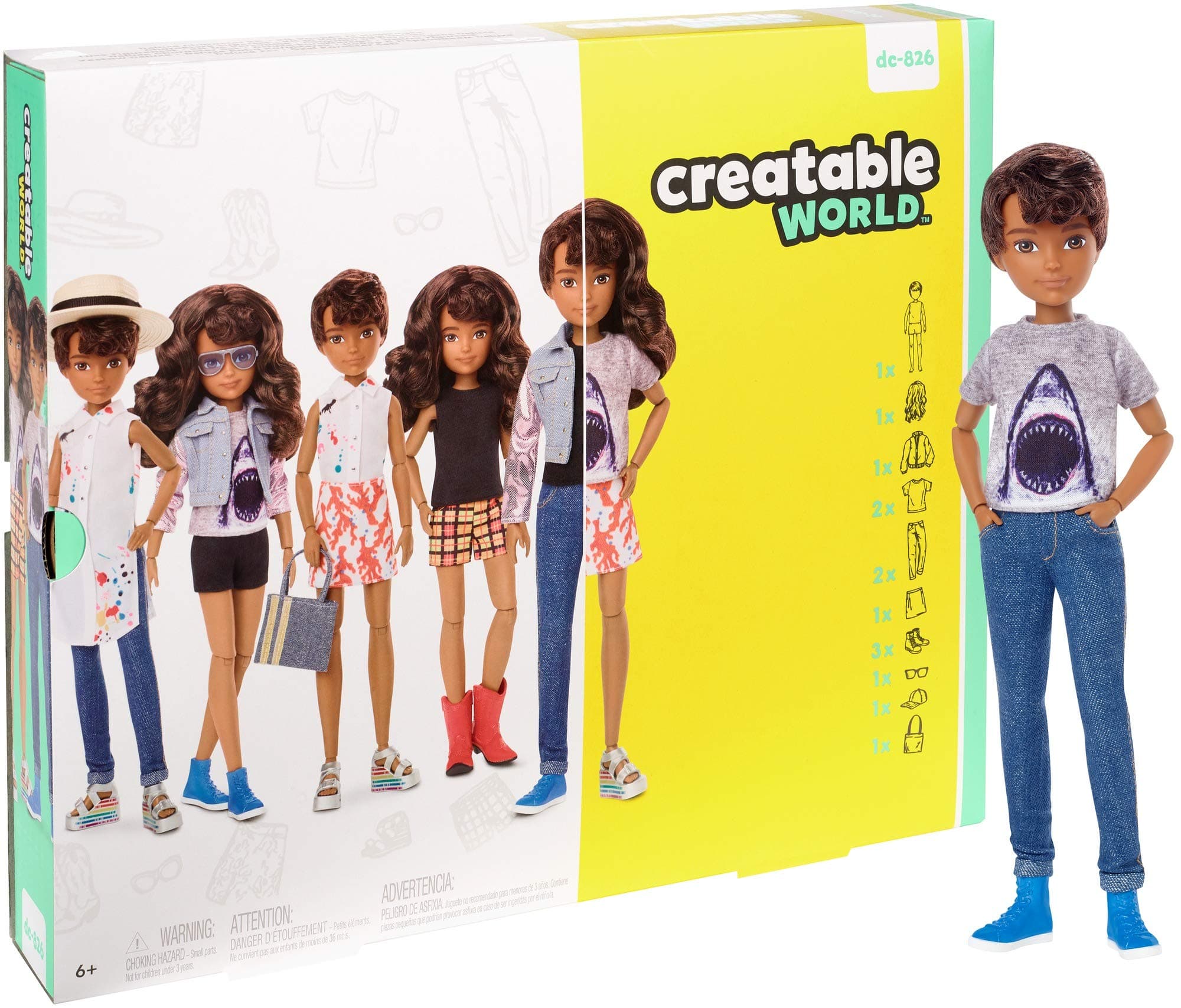 Creatable World Deluxe Character Kit DC-826 Customizable Doll with Brunette Wavy Hair, 6 Pieces Doll Clothes, 3 Pairs Shoes and 2 Accessories, Creative Play for All Kids 6 Years Old and Up 
