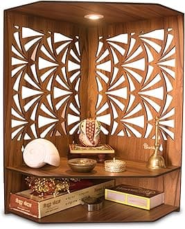 Heartily® Pushp Beautiful Wooden Pooja Stand Mandir for Home Temple for Office Puja Mandir for Home Wall with LED Spot Light Product (H- 17, L- 10, W-15 Inch)