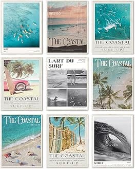 Uniro Coastal Cowgirl Decor Aesthetic, Coastal Granddaughter Room Decor, Trendy Beachy Wall Decor Beachy Summer Poster Poster Pictures, Retro Newspaper Beach Wall Art Prints Preppy Surf Up Posters for Teen Girls Room Decor, Dorm Bedroom Apartment- UNFRAMED