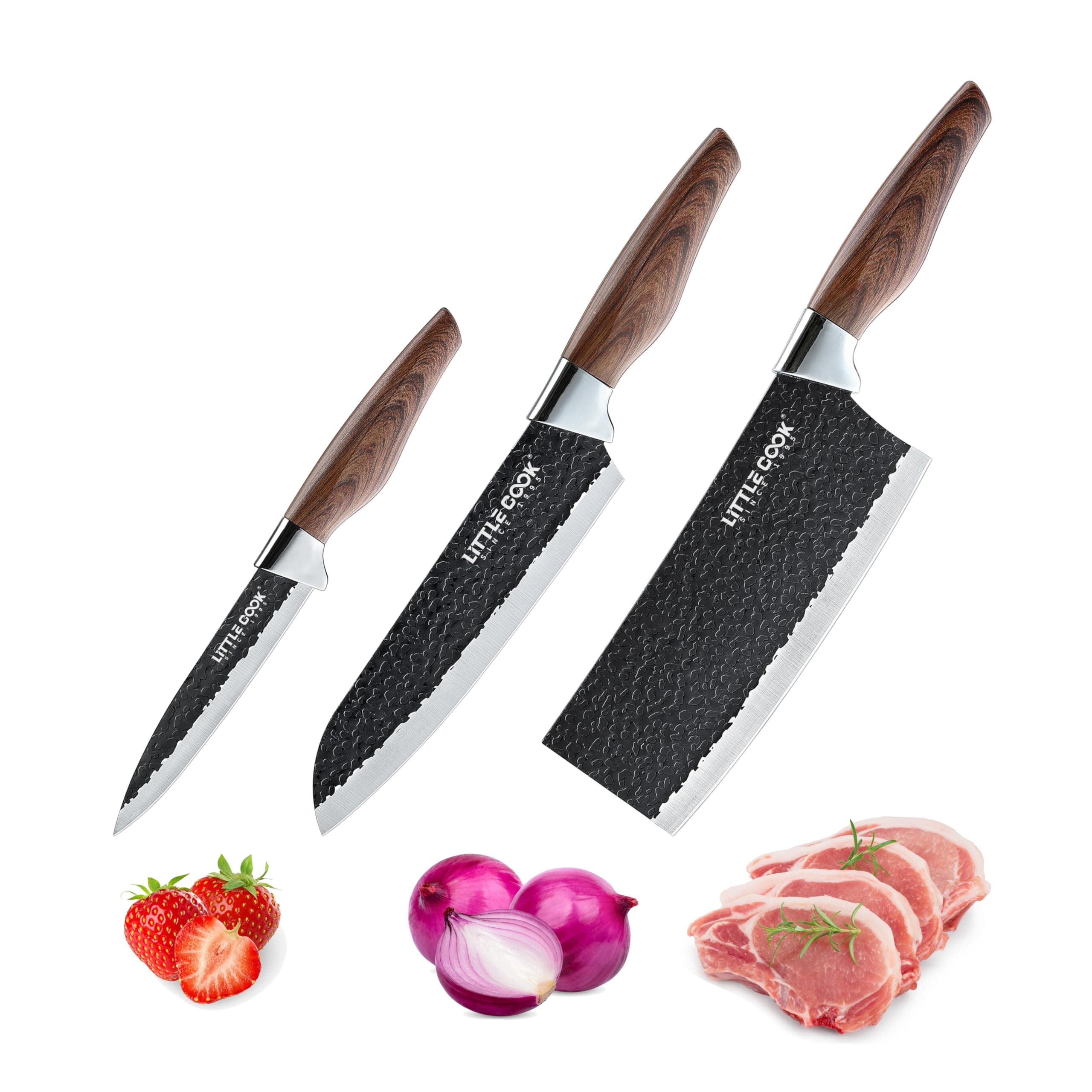 3PCS Chef Knife, Little Cook Chef Knife Set, Includes 7 inch Chef Knife, 7 inch Cleaver Knife and 4.5 inch Boning Knife, Premium Stainless Steel With Ergonomic Plastic Handle (Blackening technique)