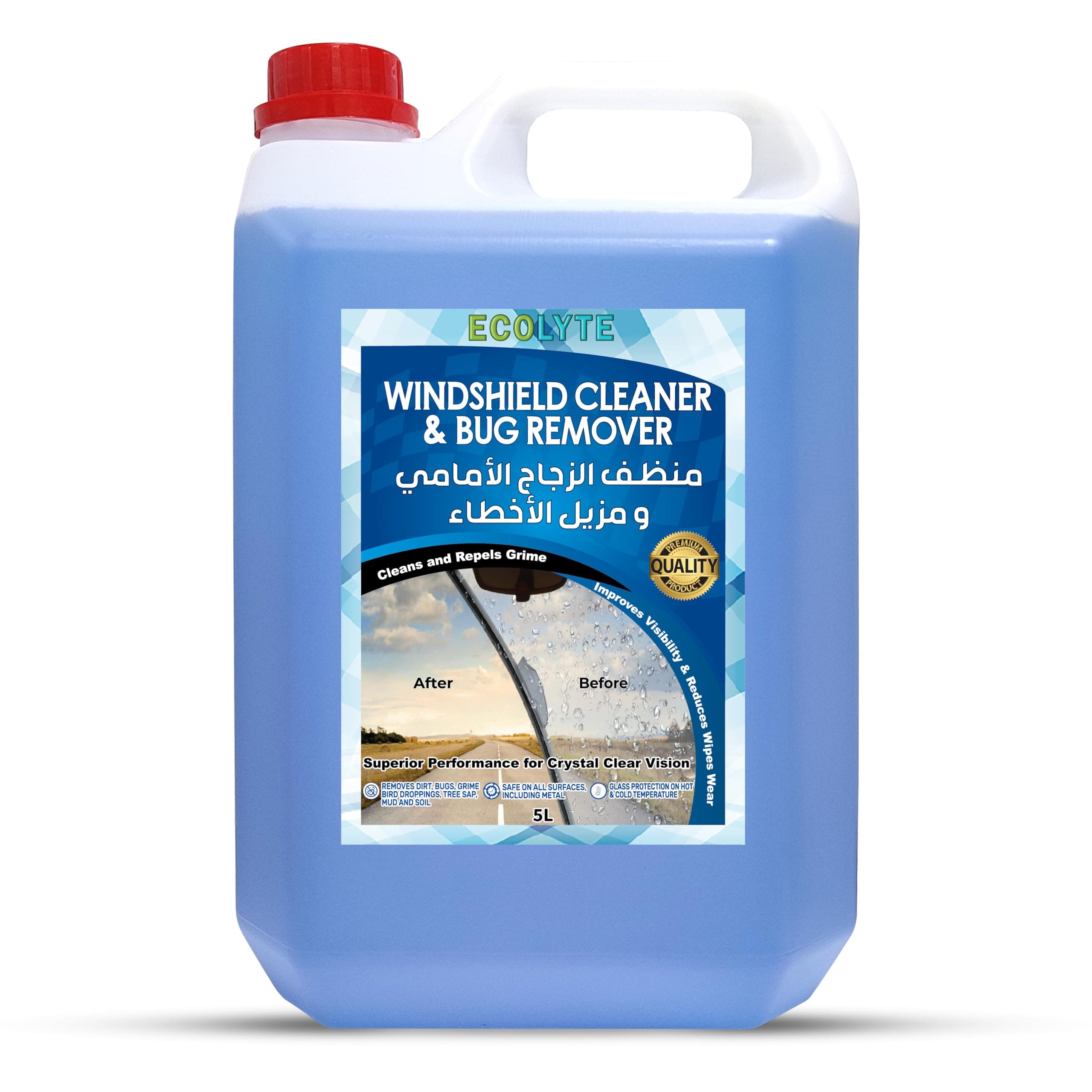 ECOLYTE+ Windshield Cleaner & Bug Remover, Premium, windshield washer, Cleans & Repels Grime, Improves Visibility, Streak Free Cleaner, Crystal Clear Vision, Reduces Wipes Wear - 5 Liter