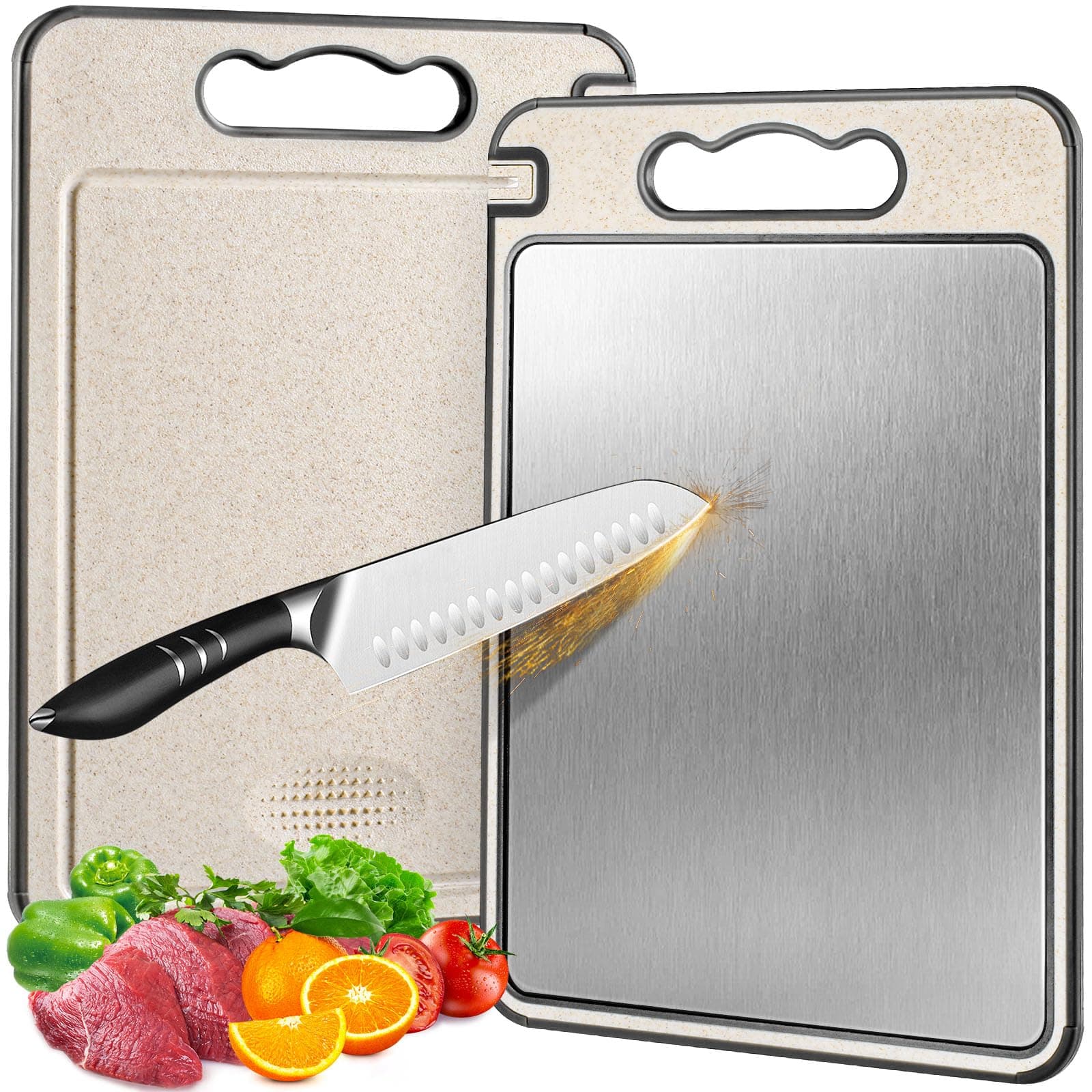 TCHZA Stainless Steel Cutting Board for Kitchen,Double Sided Cutting Board Non-slip with Juice Groove Food-Grade Wheat Straw PP Large Chopping Board(15×10 In,)Easy to Clean