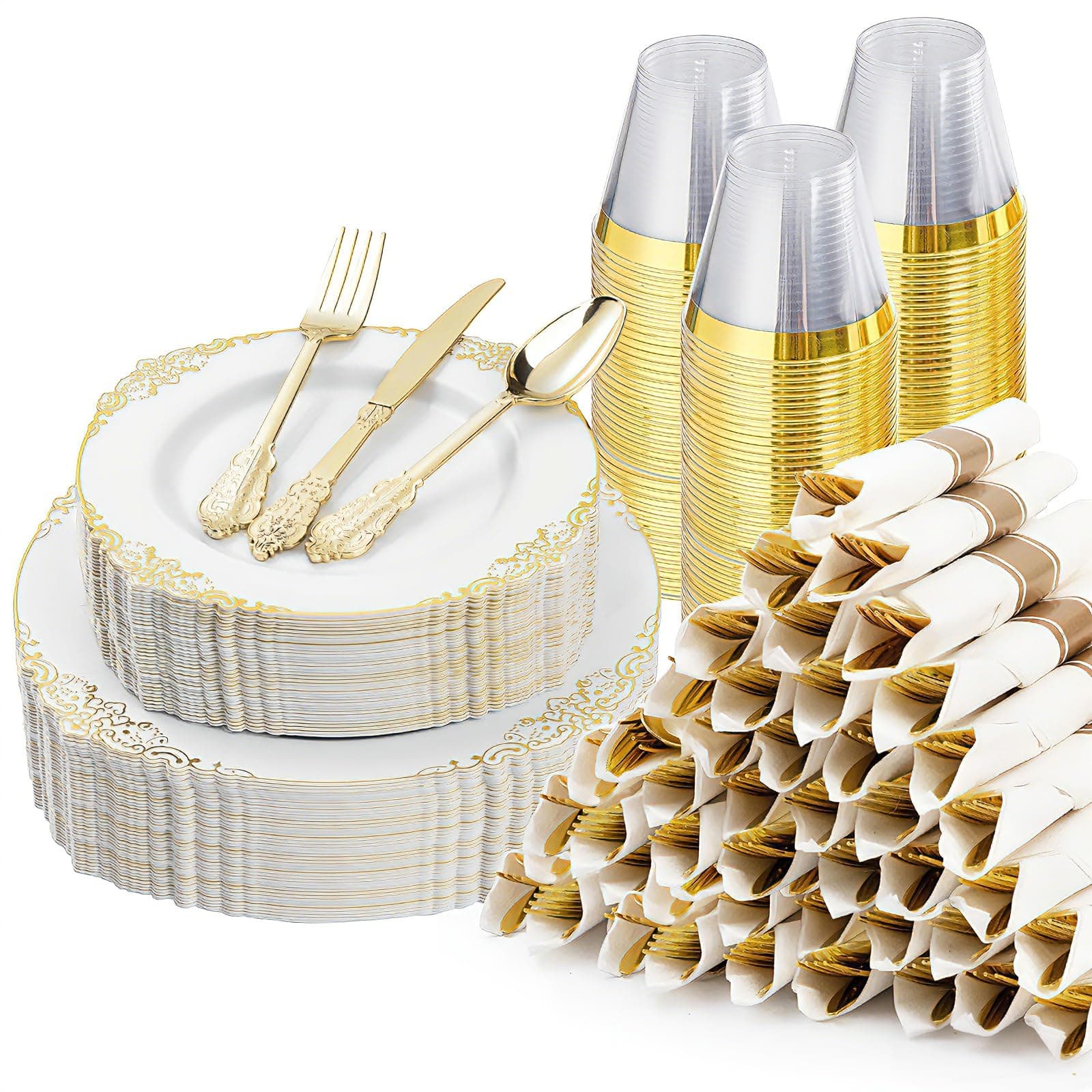 Bestluck 350PCS Gold Plastic Plates for 50 Guests, Disposable Dinnerware Sets Include 100 Gold Rim Plastic Plates, 50 Silverwares, 50 Cups, and 50 Pre Rolled Napkins for Party, Wedding, Graduation