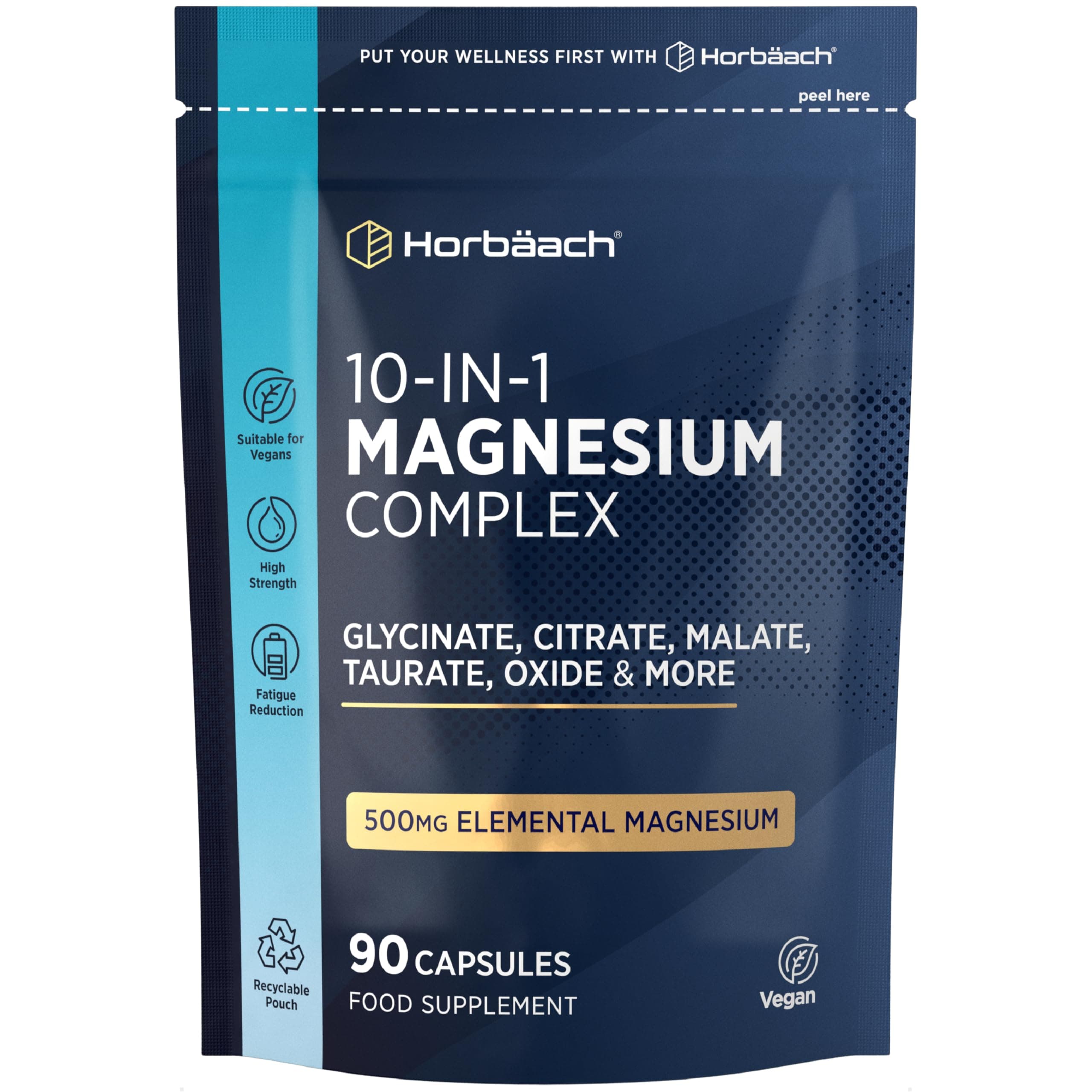 Magnesium Glycinate Complex | 500mg Elemental Magnesium | 10-in-1 Complex | Glycinate, Citrate, Malate, Oxide, Taurate & More | 90 Vegan Capsules | by Horbaach