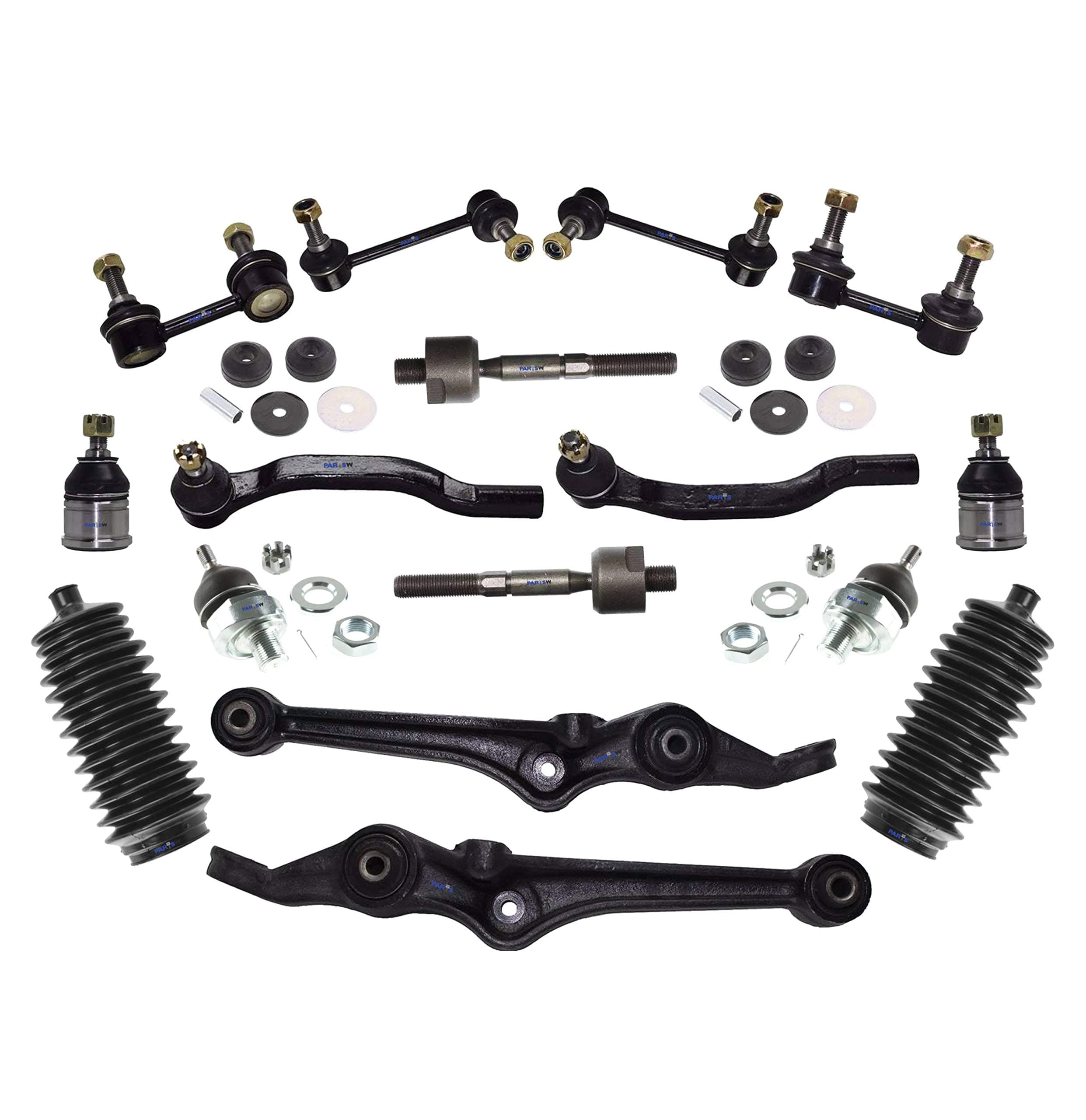 18 Pc Complete Suspension Kit Lower Control Arms Rack & Pinion Bellow Boots Upper Ball Joint Adjustable Tie Rod Linkages & Sway Bars Upper Shock Mount Bushing