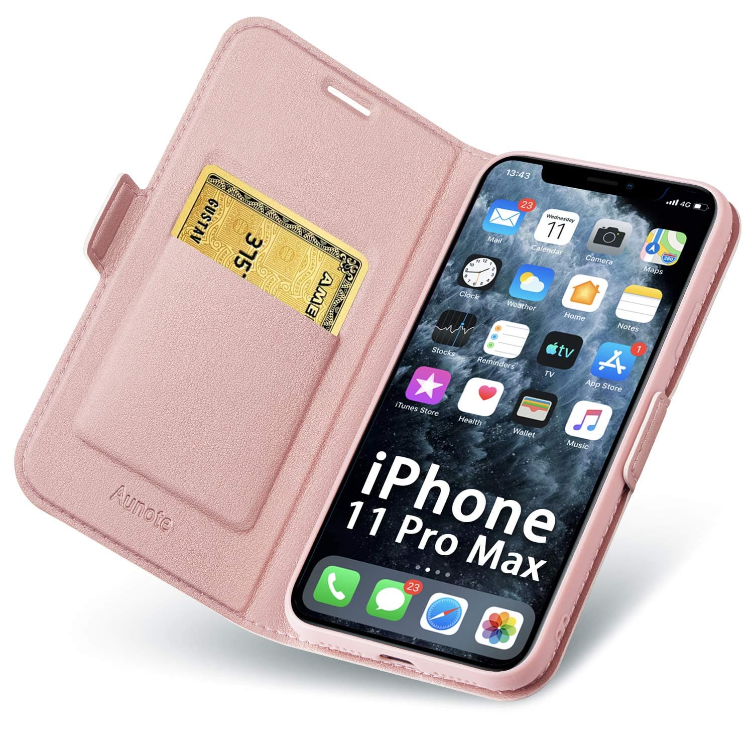 Aunote Case for iPhone 11 Pro Max, iPhone 11 Pro Max Phone Case, Slim Flip/Folio Cover – Wallet Style: Made of PU Leather Shell (Lightweight, Feels Good) and TPU Inner - Full Protection. Rose Gold
