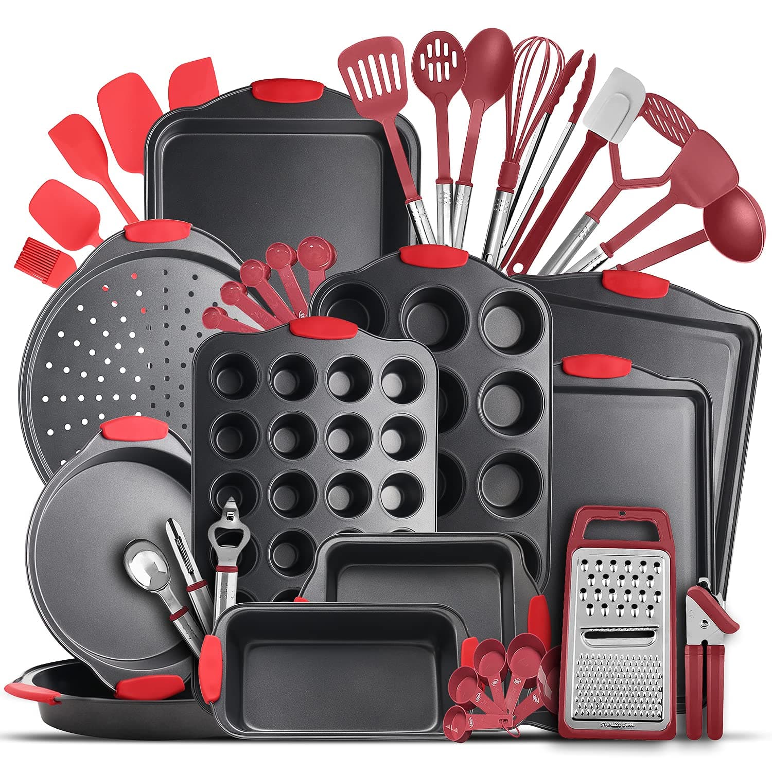 Eatex Nonstick Bakeware Sets with Baking Pans Set, 39 Piece Baking Set with Muffin Pan, Cake Pan & Cookie Sheets for Baking Nonstick Set, Steel Baking Sheets for Oven with Red Kitchen Utensils Set