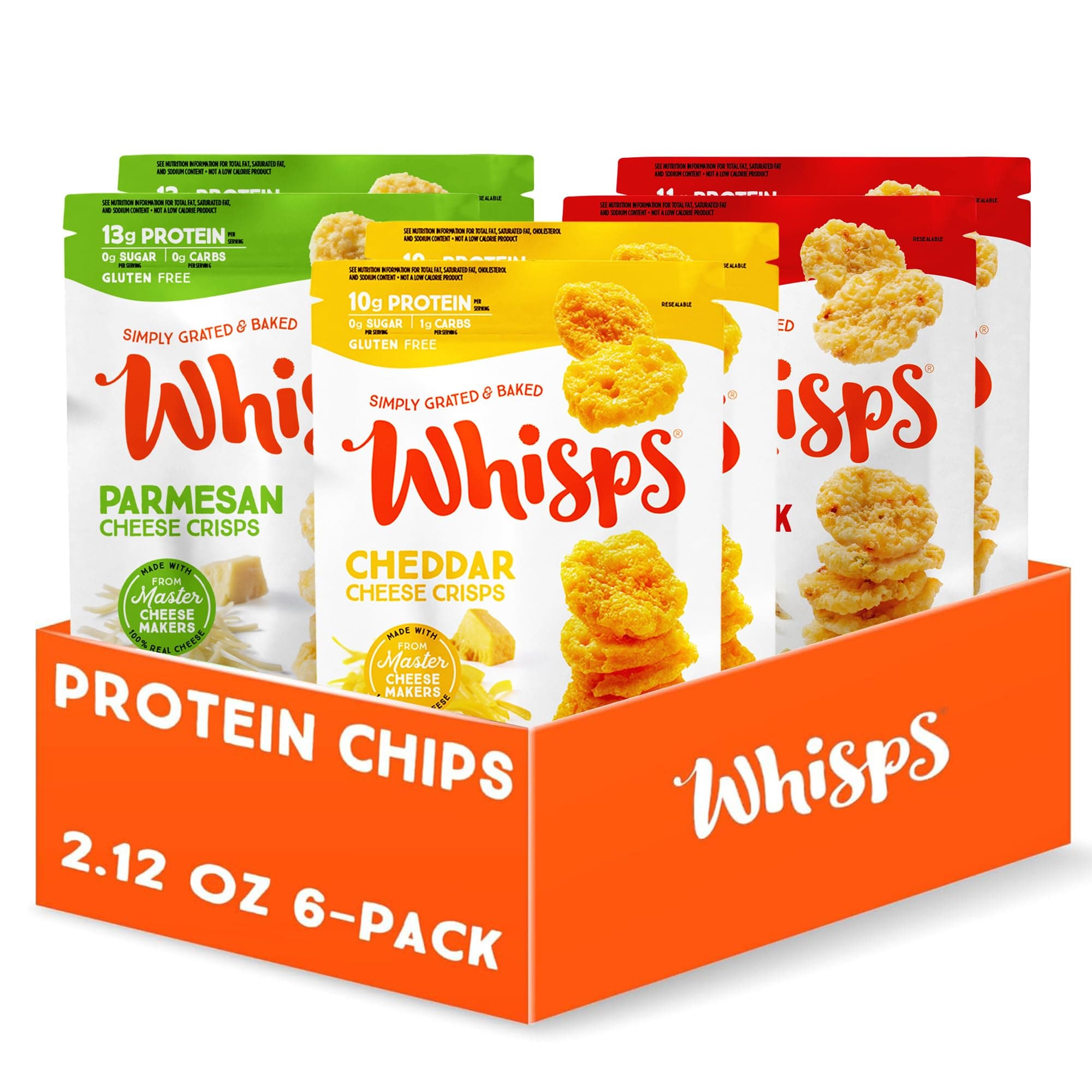 Whisps Cheese Crisps Variety Pack | Protein Chips | Healthy Snacks | Protein Snacks, Gluten Free, High Protein, Low Carb Keto Food | Parmesan, Cheddar Cheese, Asiago, Pepper Jack (2.12 Oz, 6 Pack)