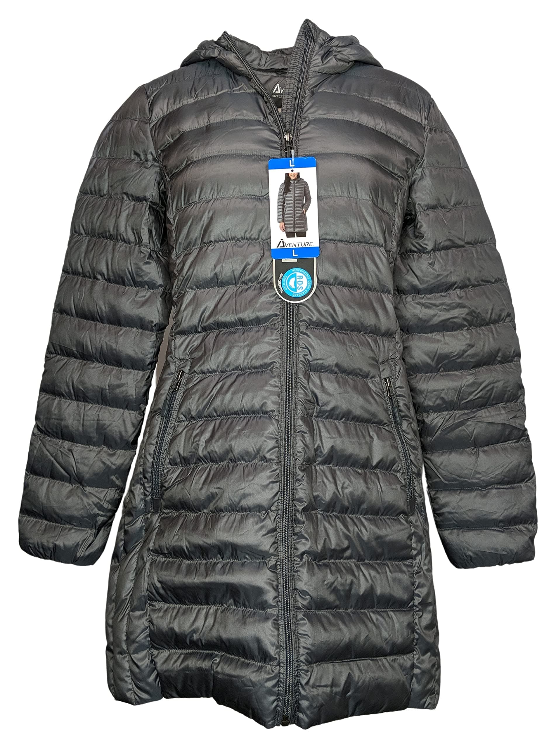 AventureWomen's Size L Ultra Light Down Hooded Front Zip Jacket W/Pockets Gray