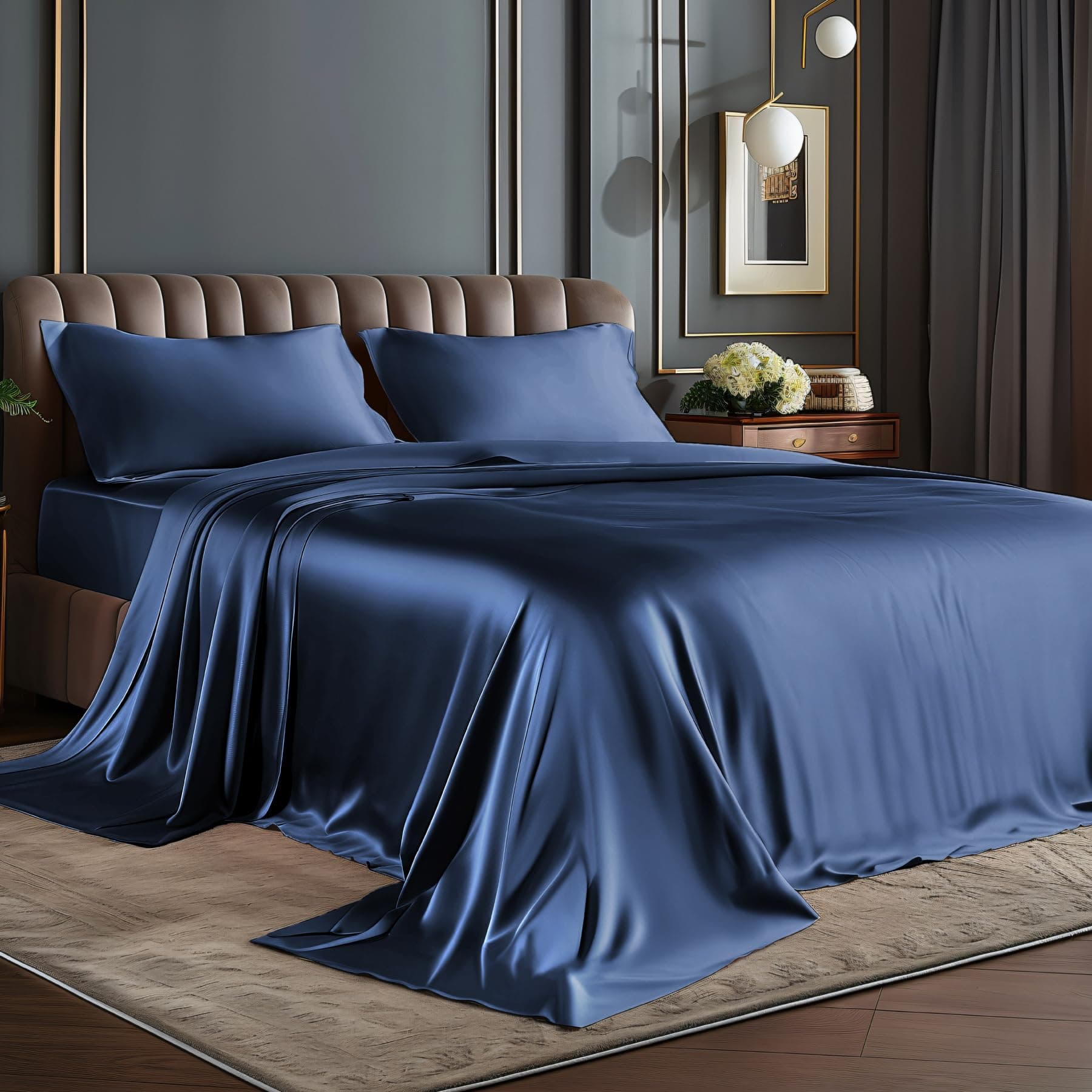 BEDELITE Satin Sheets Queen Size Bed Set, Luxury Soft Navy Silky Sheets for Hair and Skin, Similar to Silk Bed Sheets Set 4 Pieces (1 Deep Pocket Fitted Sheet, 1 Flat Sheet, and 2 Pillowcases)