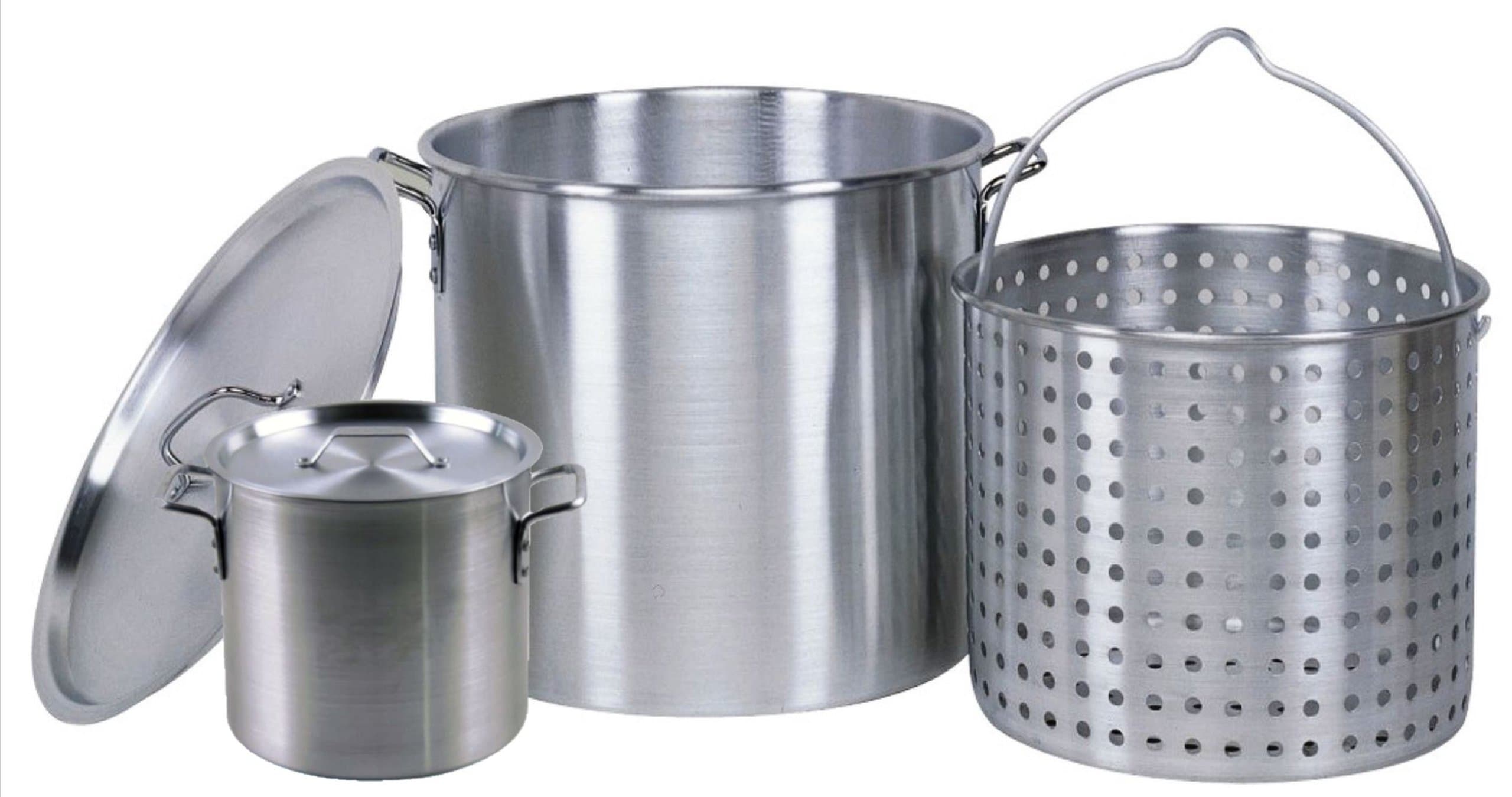 Professional Grade 80 Quart All Purpose Boiling Pot with Basket (3pc) plus a Bonus 12 Quart Stock Pot (2pc) .