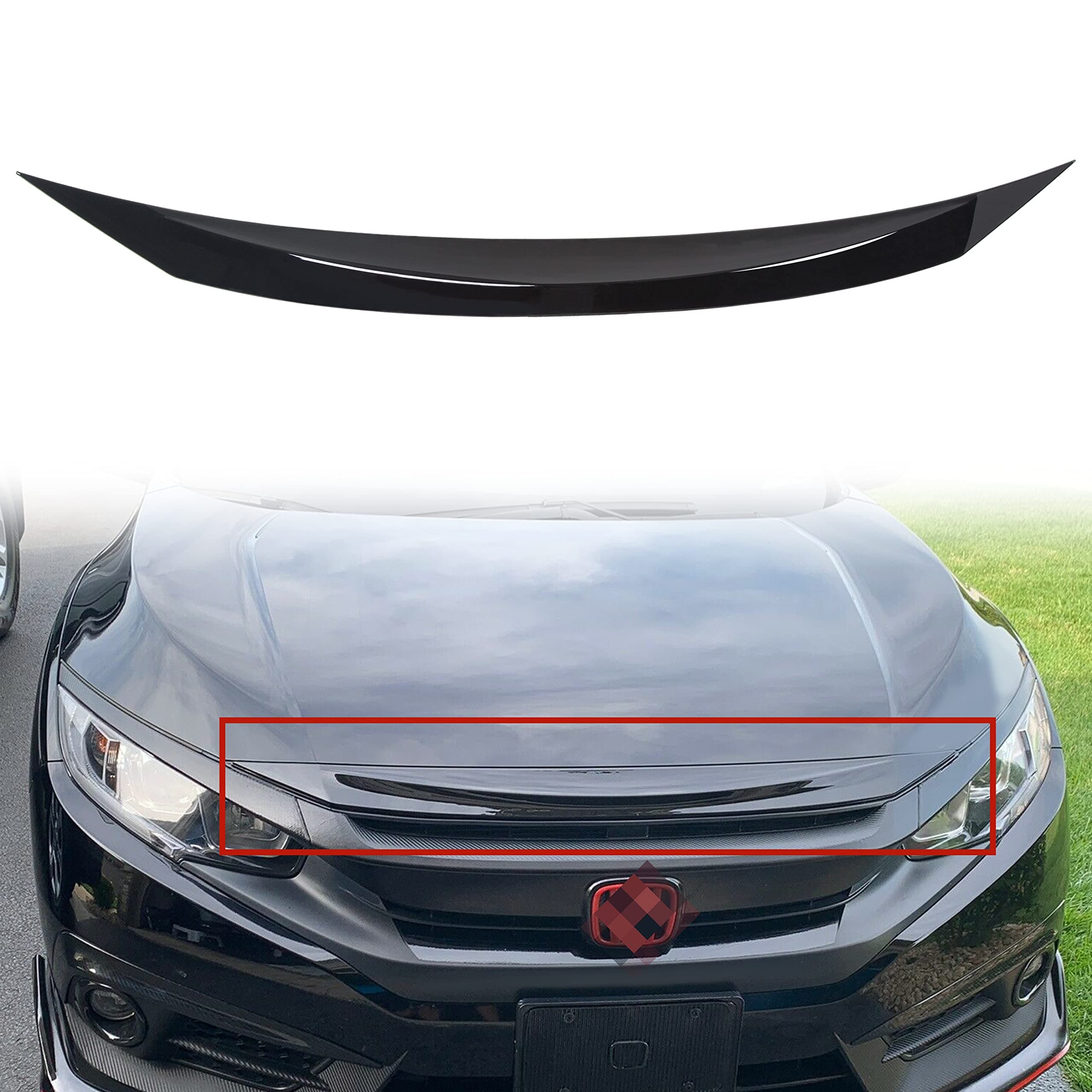 ECOTRIC Front Hood Bumper Upper Trim Nose Cover Compatible with 2016-2021 Honda Civic 10th Gen Si Hatchback Coupe Sedan Glossy Black Front Hood Bonnet Cover Trim Protector
