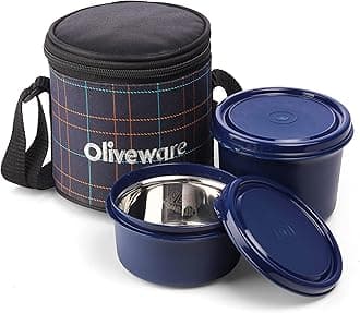Cleo Lunch Box, Microwave Safe & Leak Proof, 2 Inner Steel Containers with BPA Free Airtight Lids (450ml & 600ml), Fabric Bag (Blue)