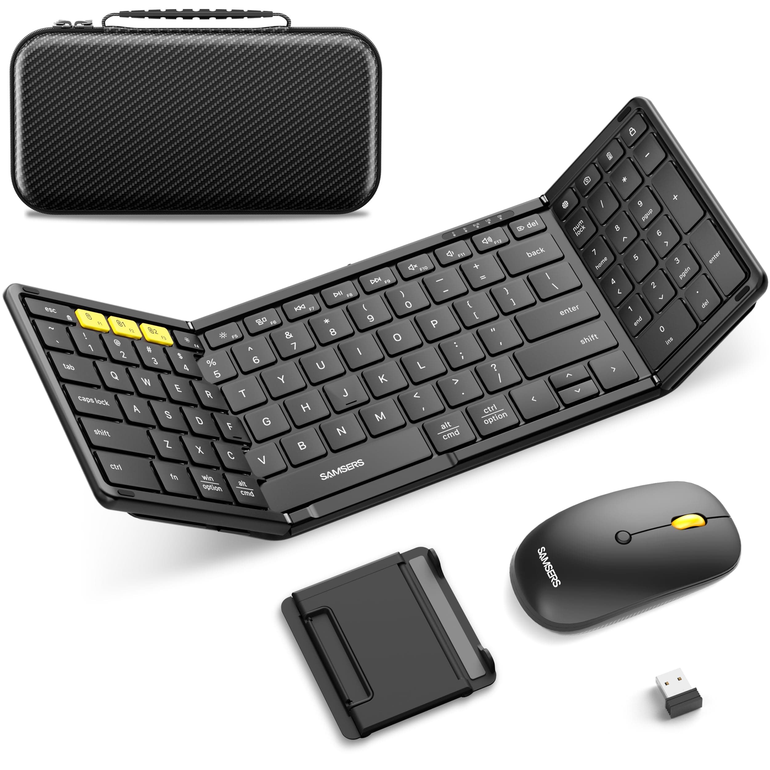 Samsers Foldable Keyboard&Mouse, Samsers Folding Bluetooth Keyboard Mouse Combo, 2.4G + BT5.0 x 2, Full-Size Portable Travel Keyboard & USB-C Rechargeable Wireless Mouse for iOS Android Windows Mac OS