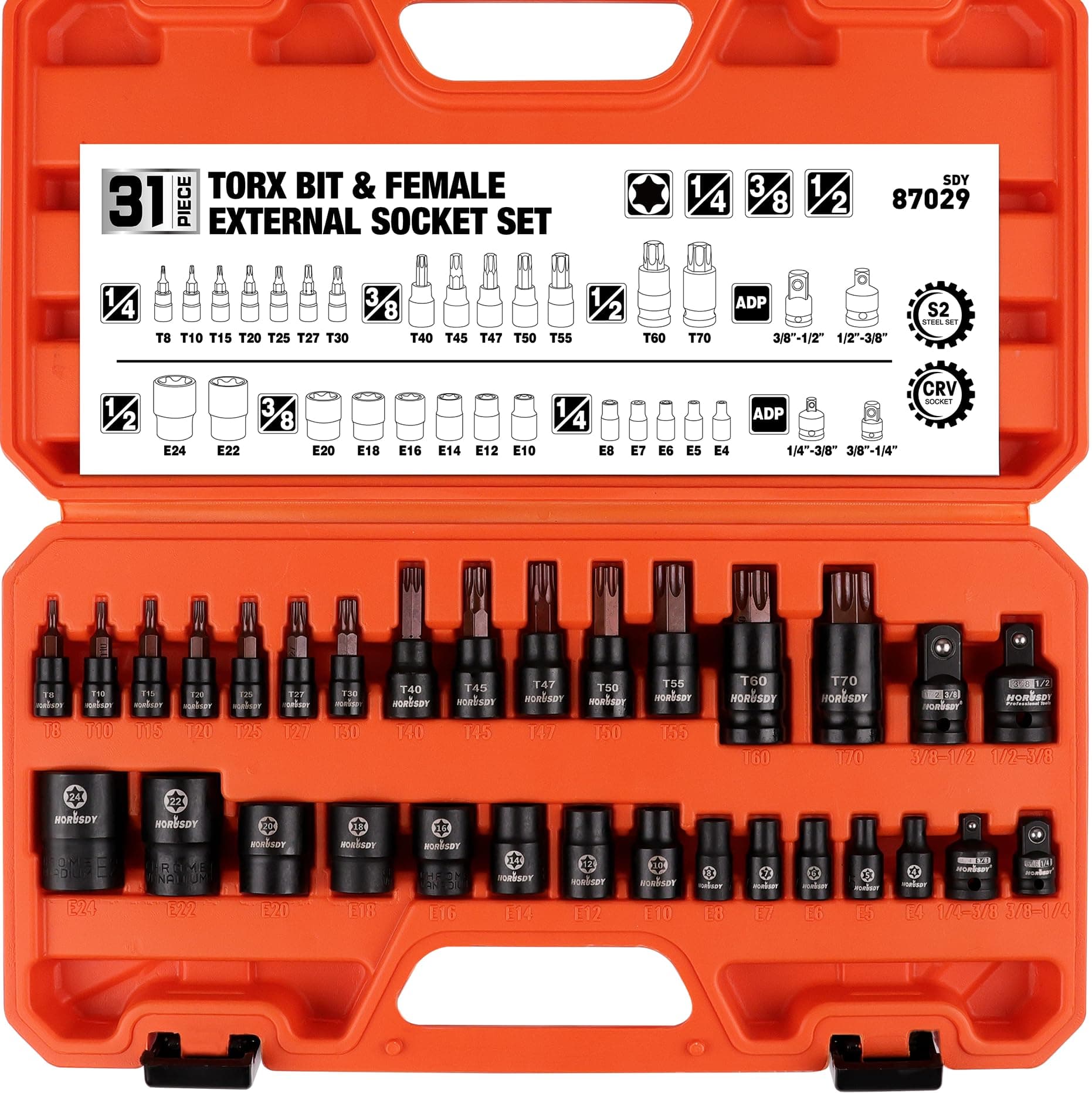 31Pcs Torx Bit Socket Set,14 Star Bits (T8-T70) and 12 Female E-Torx Sockets (E4-E24), 4 Impact Socket Adapter Set with High Torque Laser Marked for Automotive Mechanic