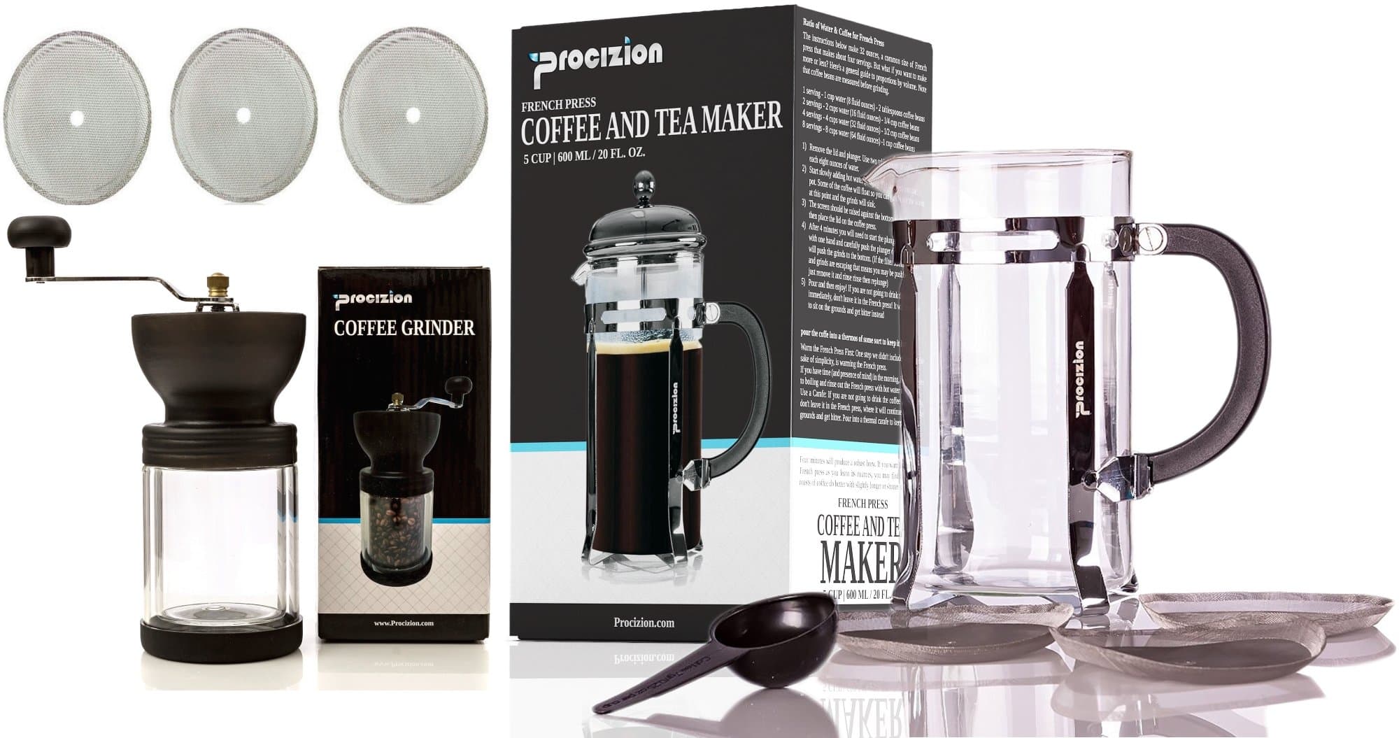 Coffee Gift Sets - Includes French Press Coffee and Expresso Maker (20oz), Coffee Burr Grinder & Universal Replacement Filters for Coffee, Expresso & Tea - All in One Coffee Bundle
