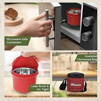 SOPL-OLIVEWARE Cleo Lunch Box, Microwave Safe & Leak Proof, 2 Inner Steel Containers with BPA Free Airtight Lids (450ml & 600ml), Fabric Bag (Red)