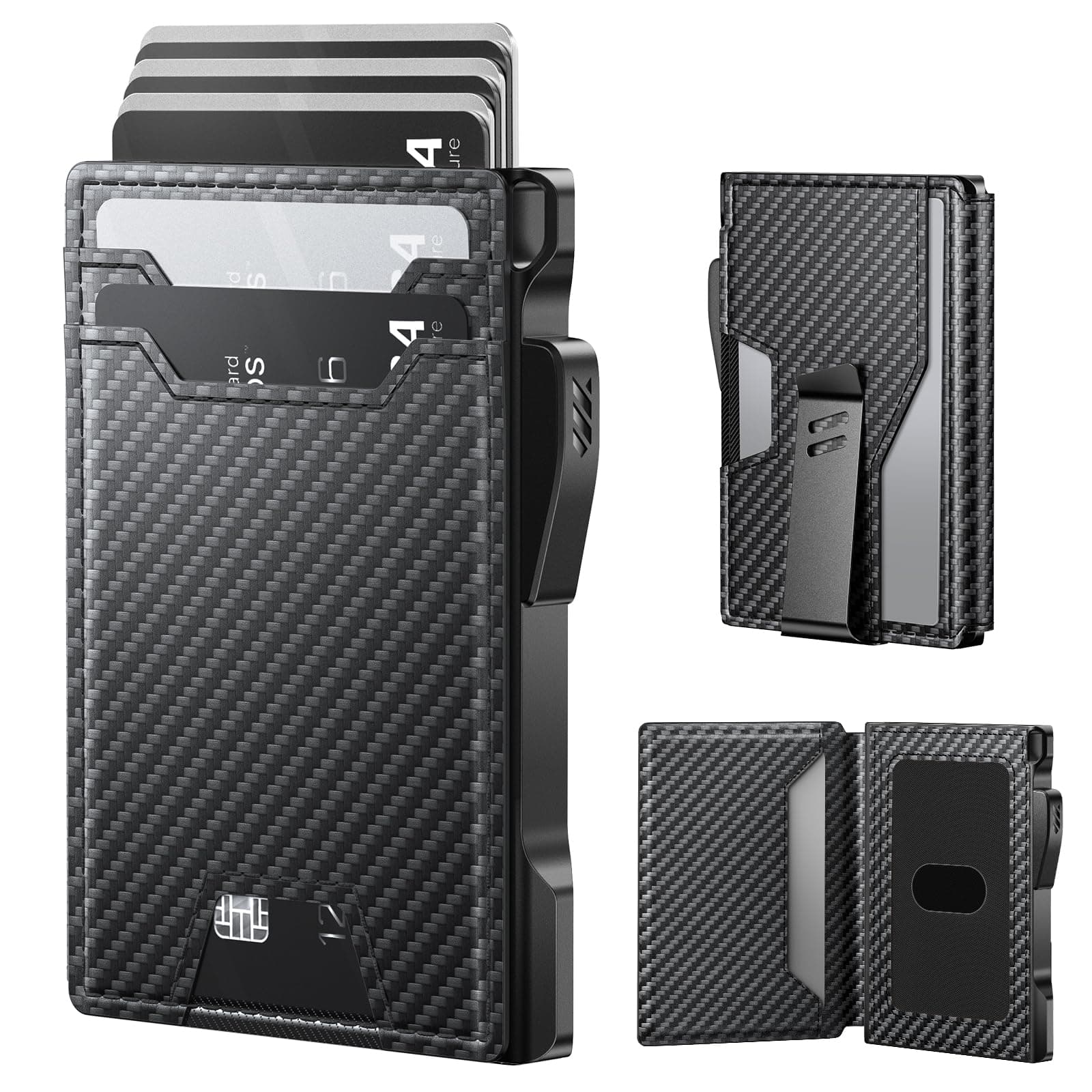 typecase Wallet for Men: Rfid-blocking with Money Clip Slim Leather Bifold ID Window Smart Pop Up Card Case Front Pocket Wallet with Gift Box, Carbon Fiber, Ultra-slim, Standard Wallet